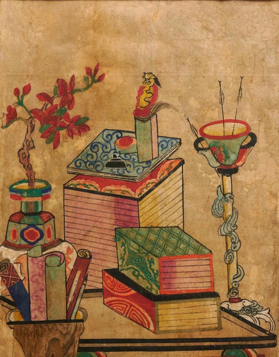 Aquarelle et encre sur papier de riz représentant des objets d'érudit. Image non encadrée H. 27