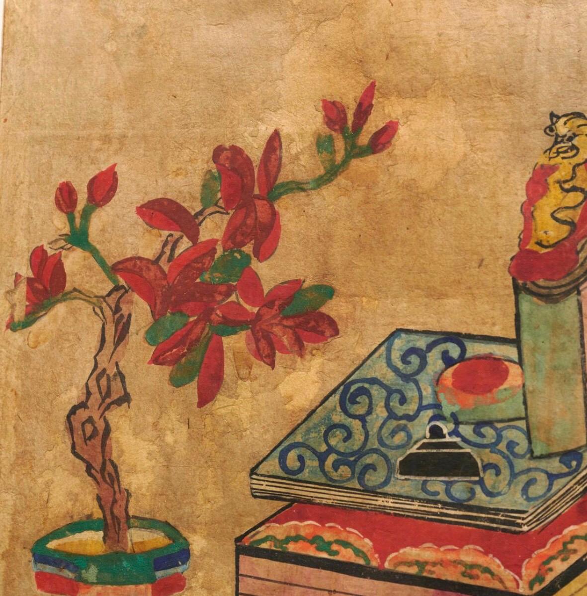 Peint à la main Aquarelle coréenne Chaekgeori « Library Scroll », dynastie Yi, fin du 19e siècle en vente