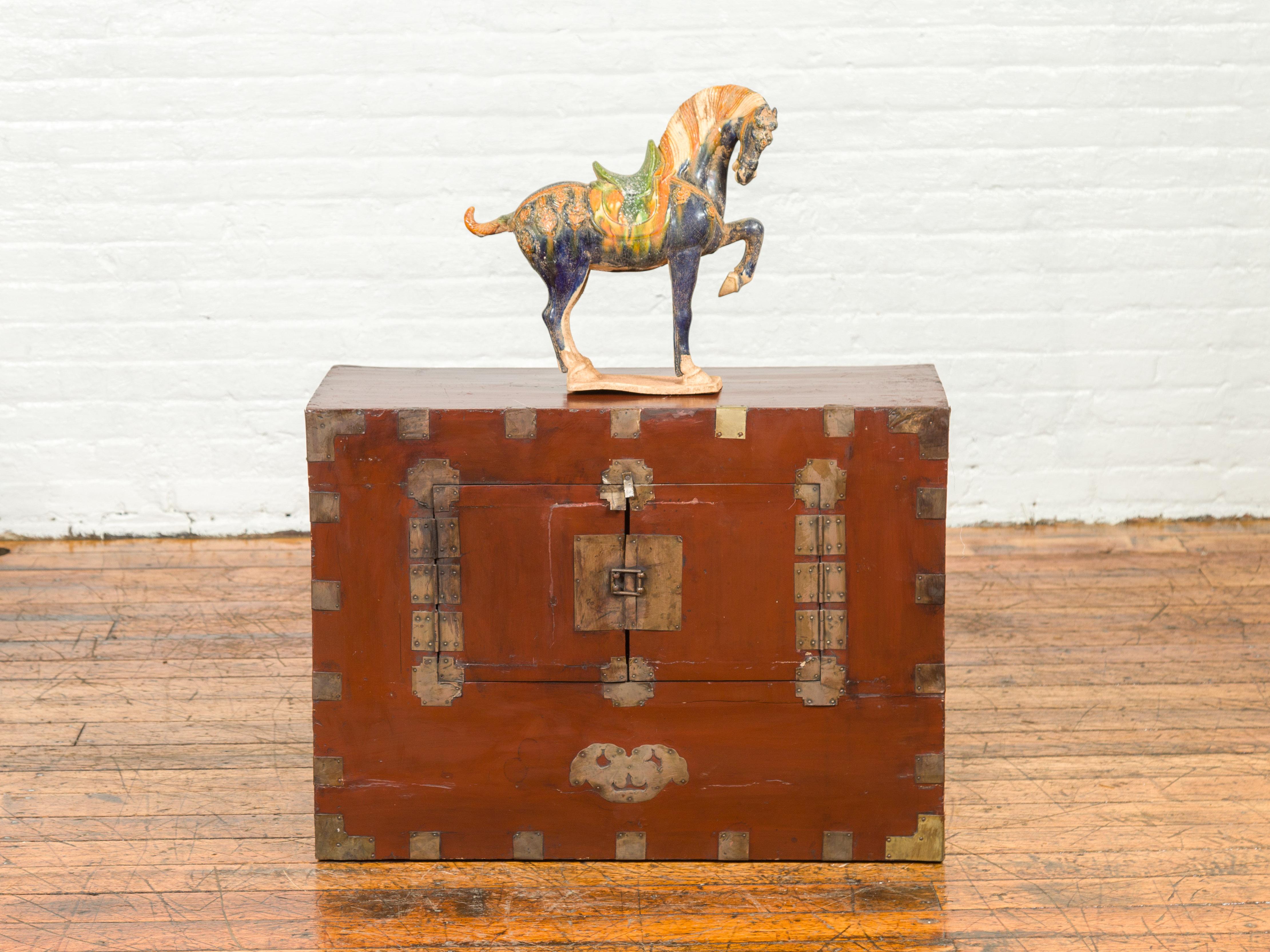 Asian Korean Early 20th Century Chest with Double Doors and Traditional Brass Hardware For Sale