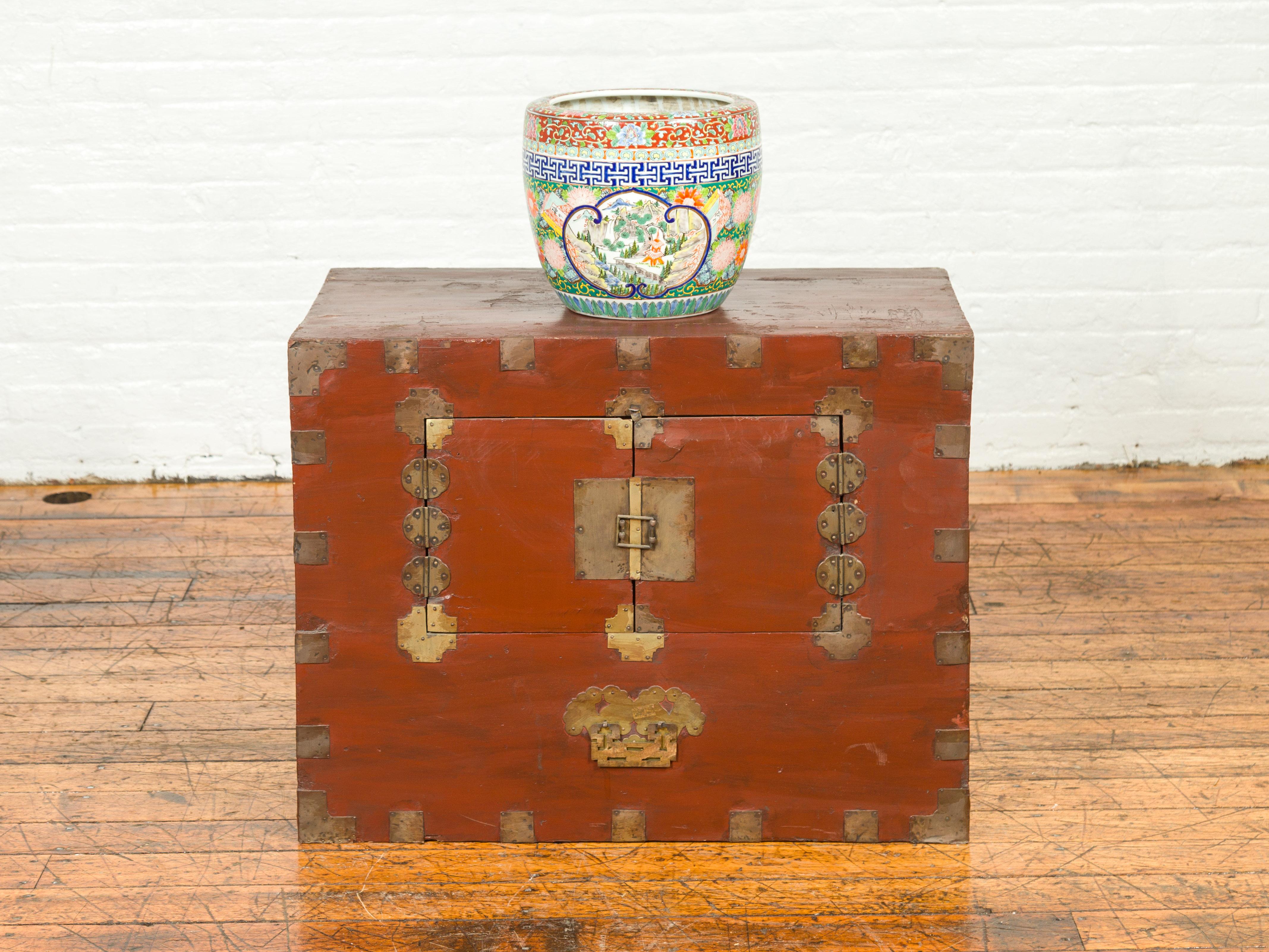 Wood Korean Early 20th Century Chest with Double Doors and Traditional Brass Hardware For Sale