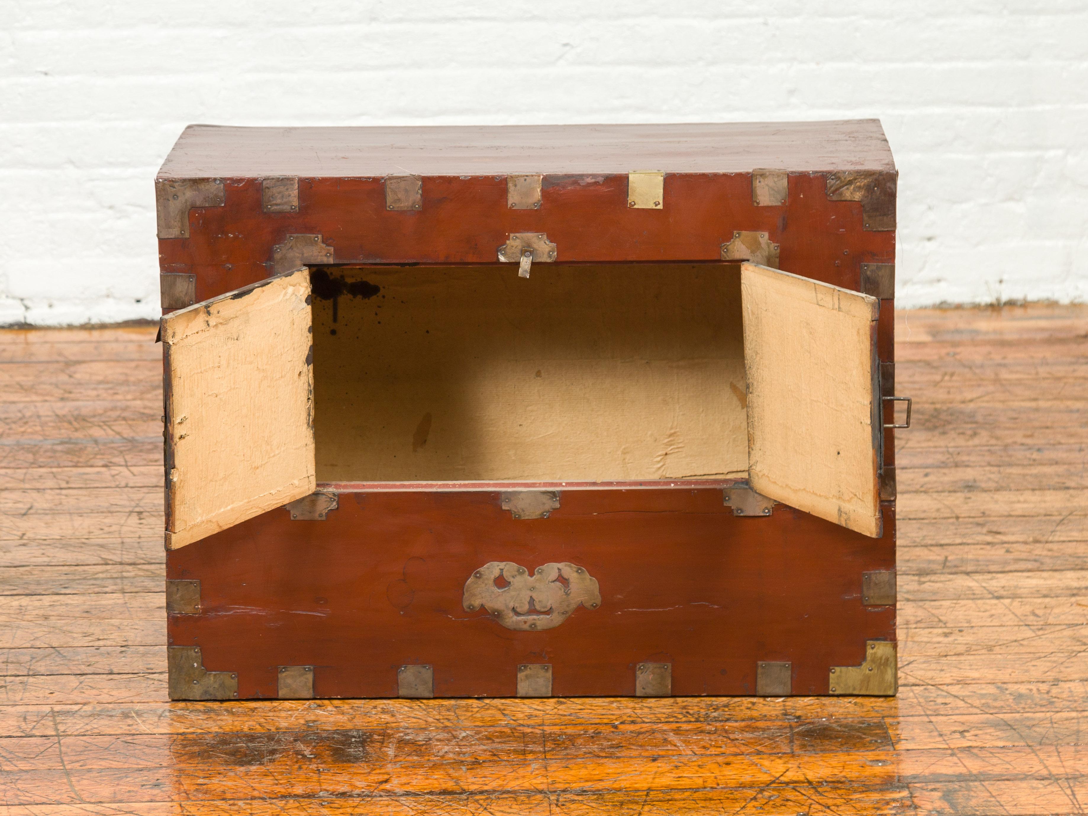 Wood Korean Early 20th Century Chest with Double Doors and Traditional Brass Hardware For Sale