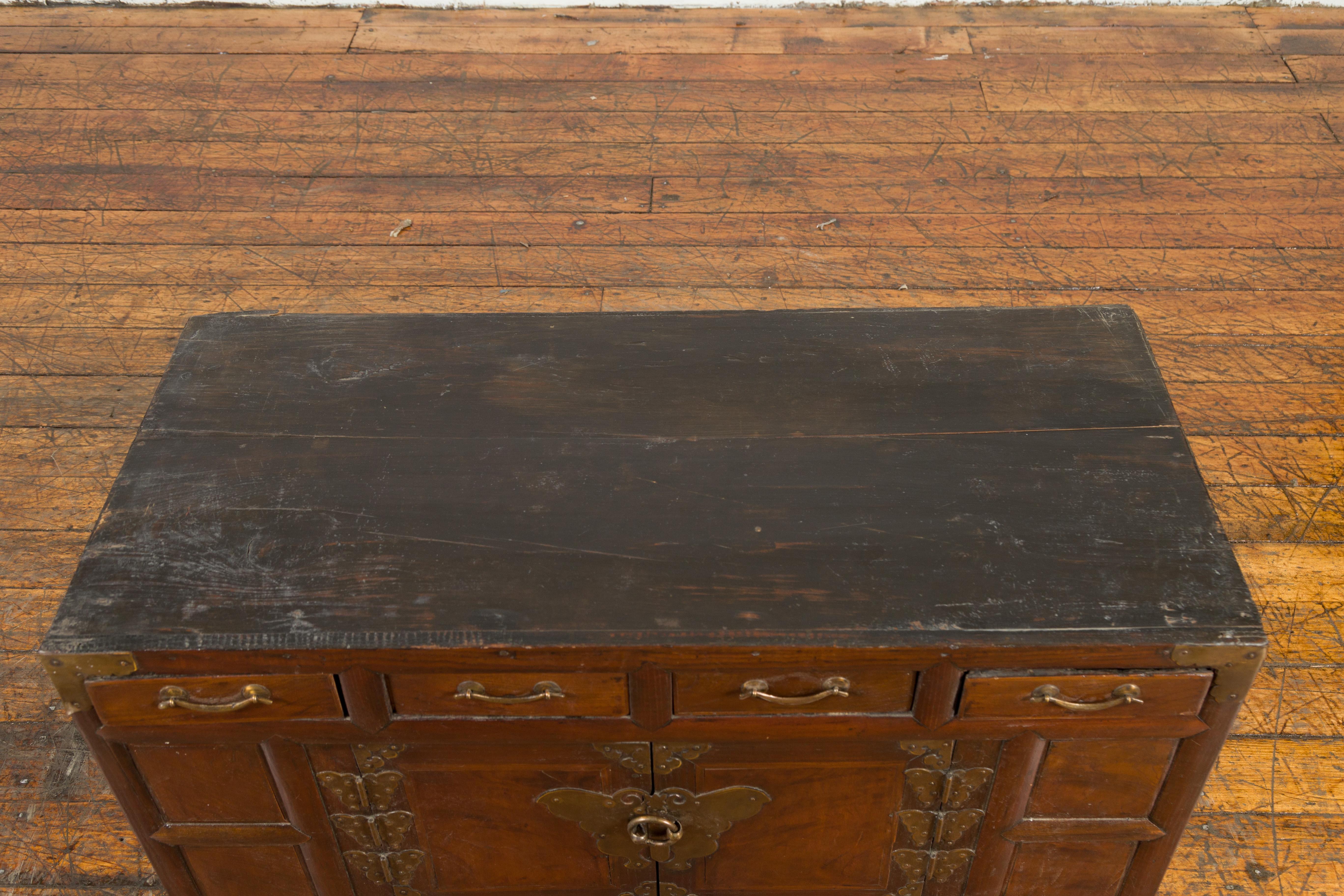 Korean Early 20th Century Wooden Side Chest with Brass Butterfly Hardware 7