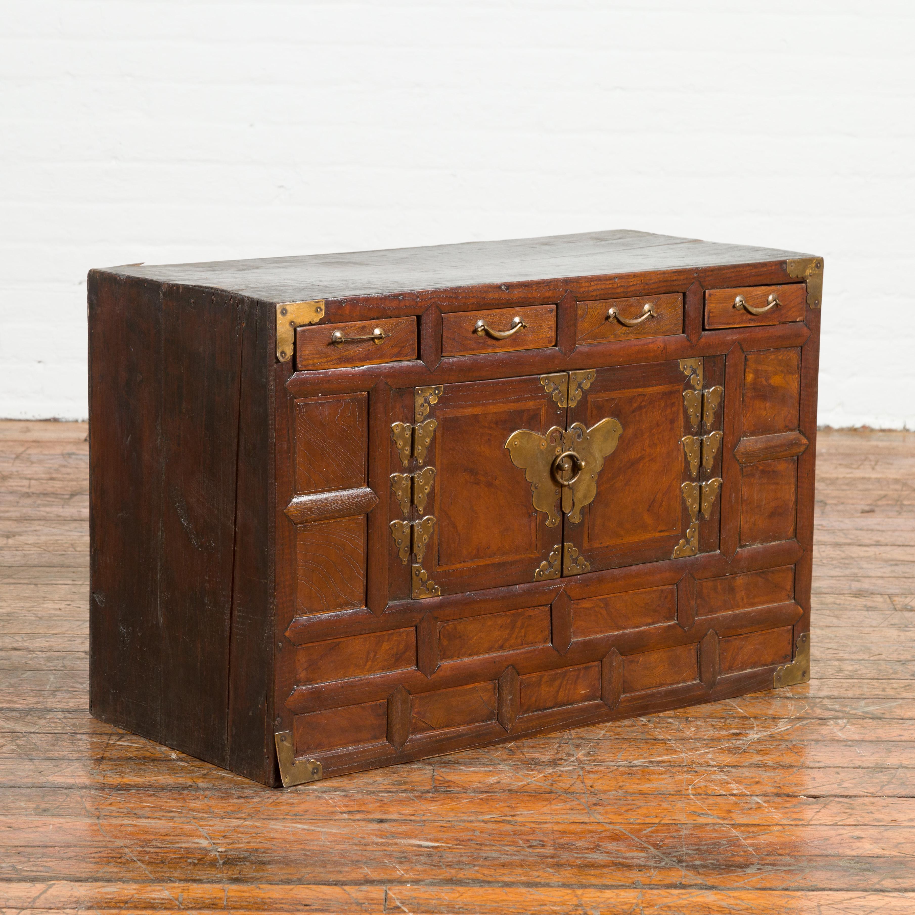Korean Early 20th Century Wooden Side Chest with Brass Butterfly Hardware In Good Condition In Yonkers, NY