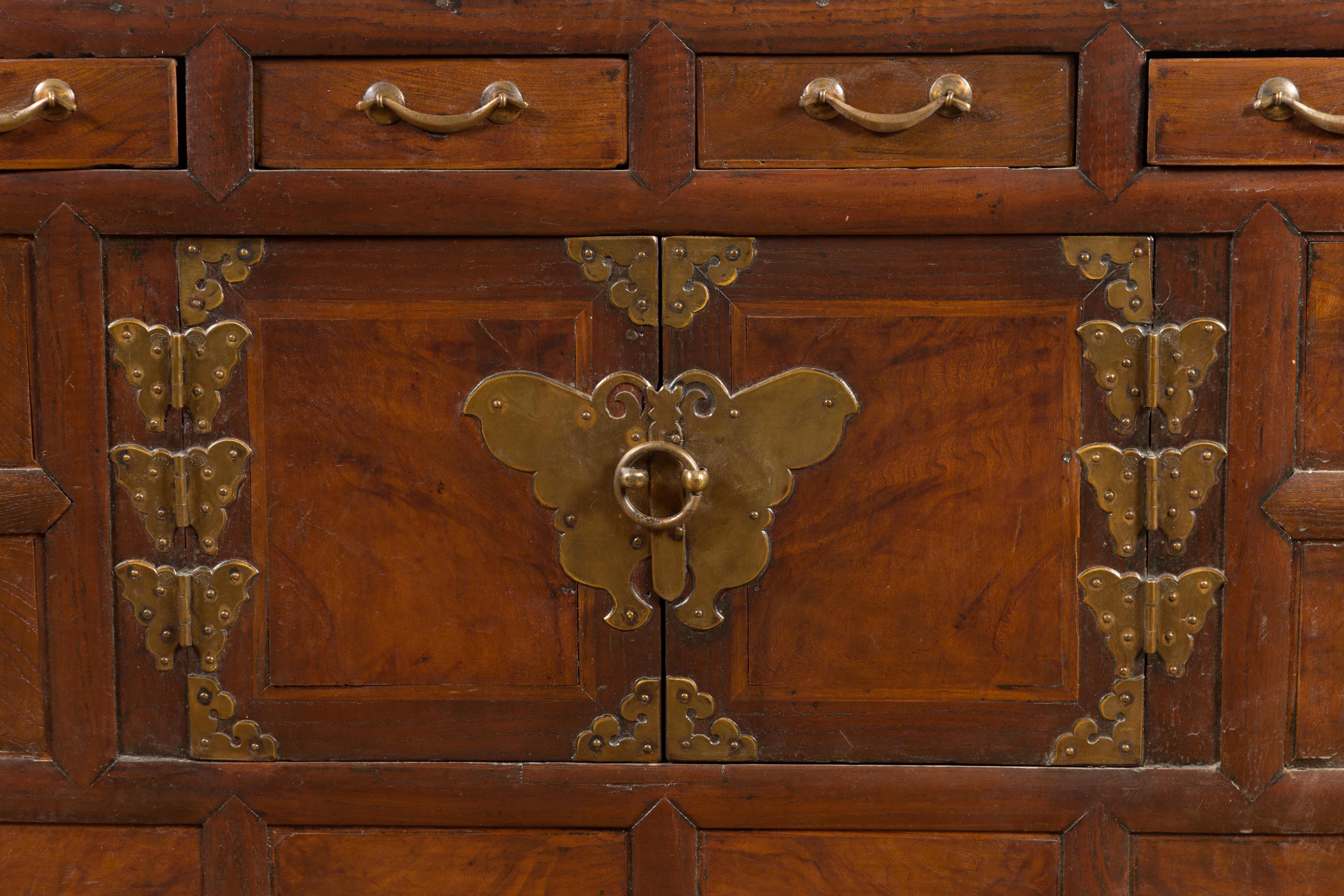 Korean Early 20th Century Wooden Side Chest with Brass Butterfly Hardware 4