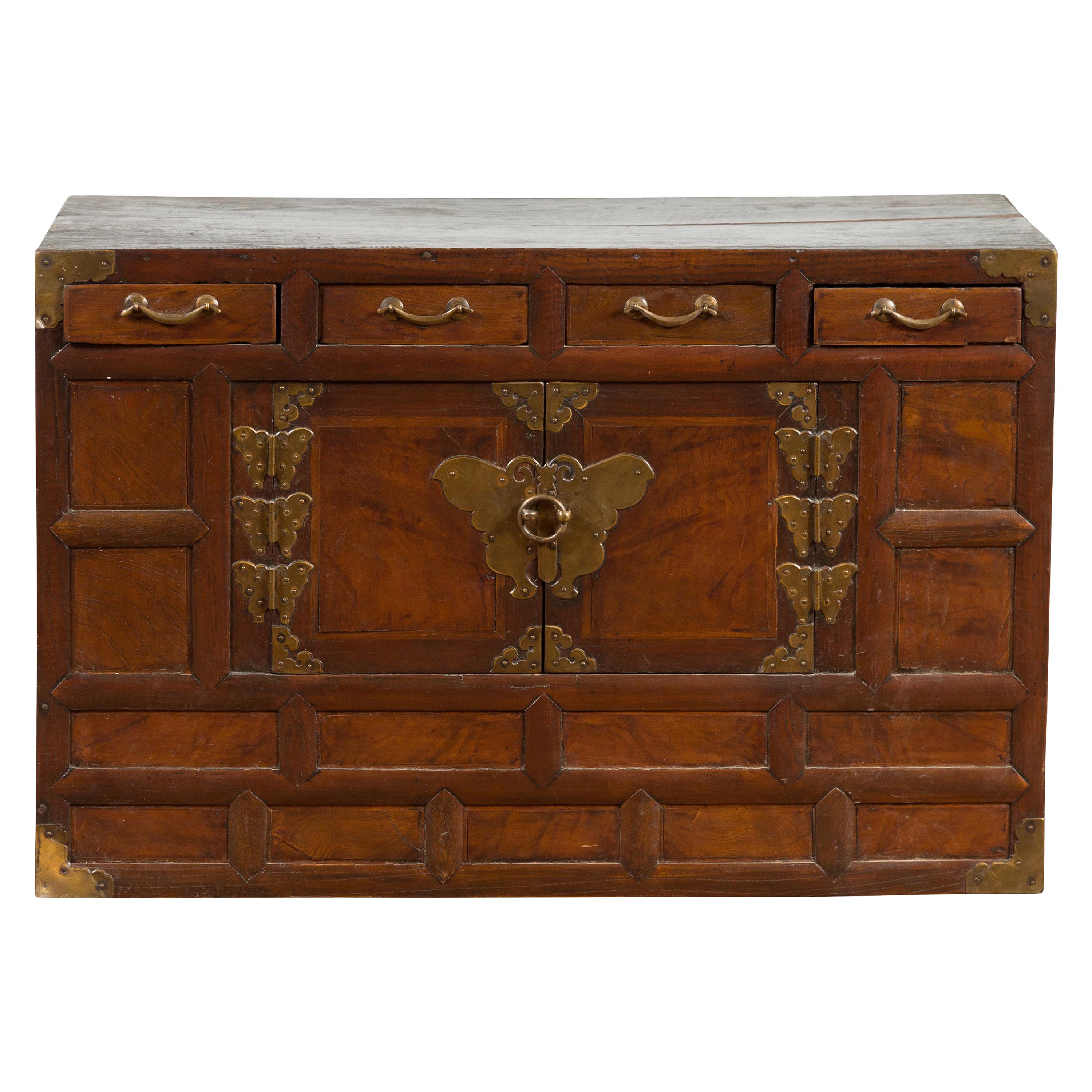 Korean Early 20th Century Wooden Side Chest with Brass Butterfly Hardware
