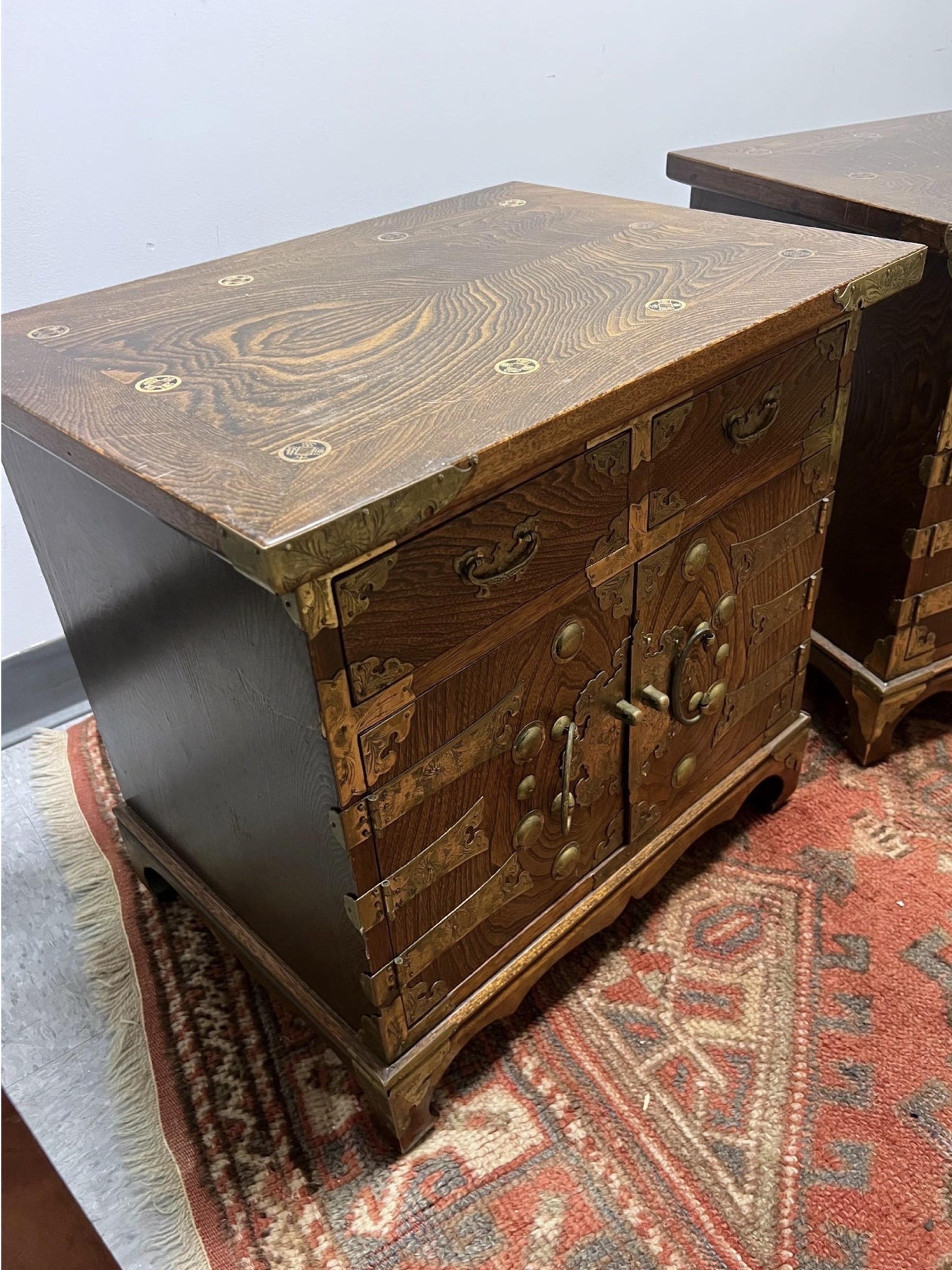Chinoiserie Korean Elm Wood and Brass Tansu Chests, a Pair