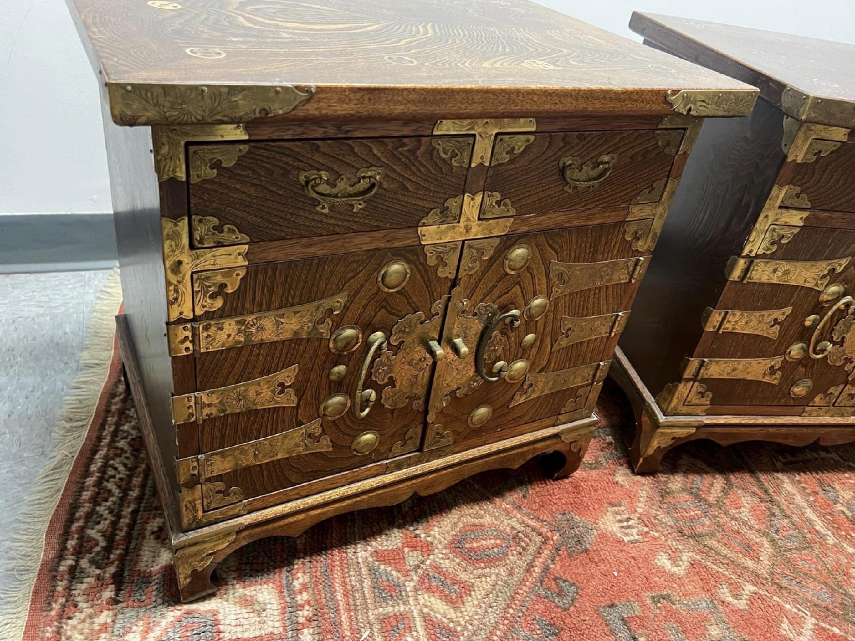 Korean Elm Wood and Brass Tansu Chests, a Pair In Fair Condition In Charleston, SC