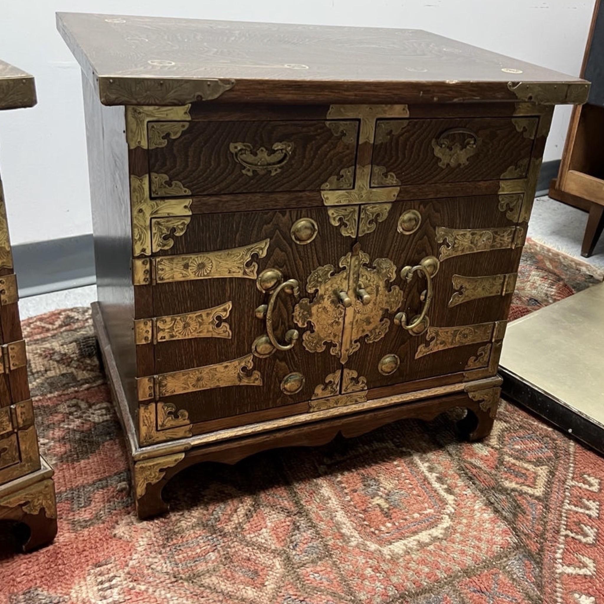 19th Century Korean Elm Wood and Brass Tansu Chests, a Pair