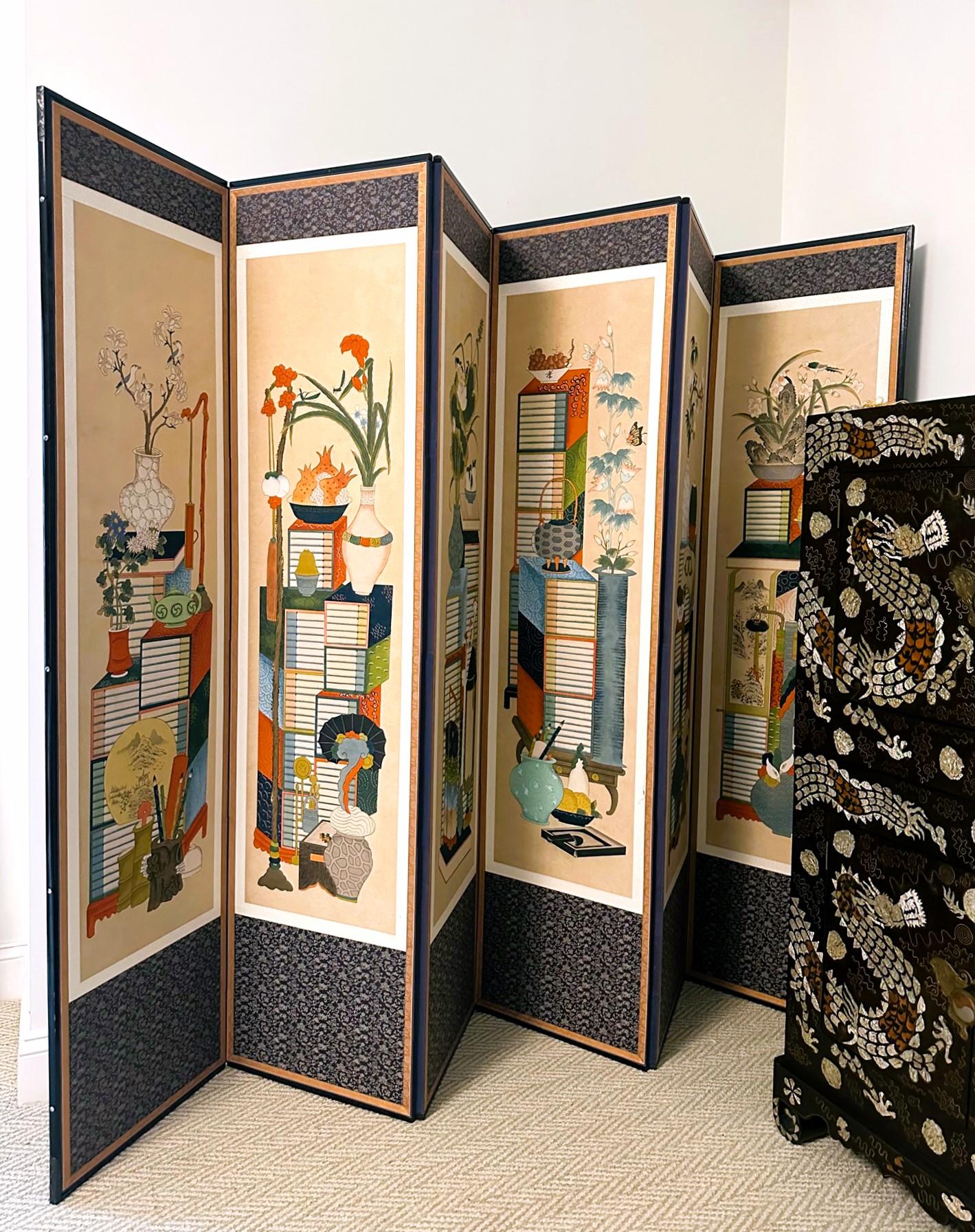 Korean Folding Chaekgeori Painted Scholar Floor Screen For Sale 12