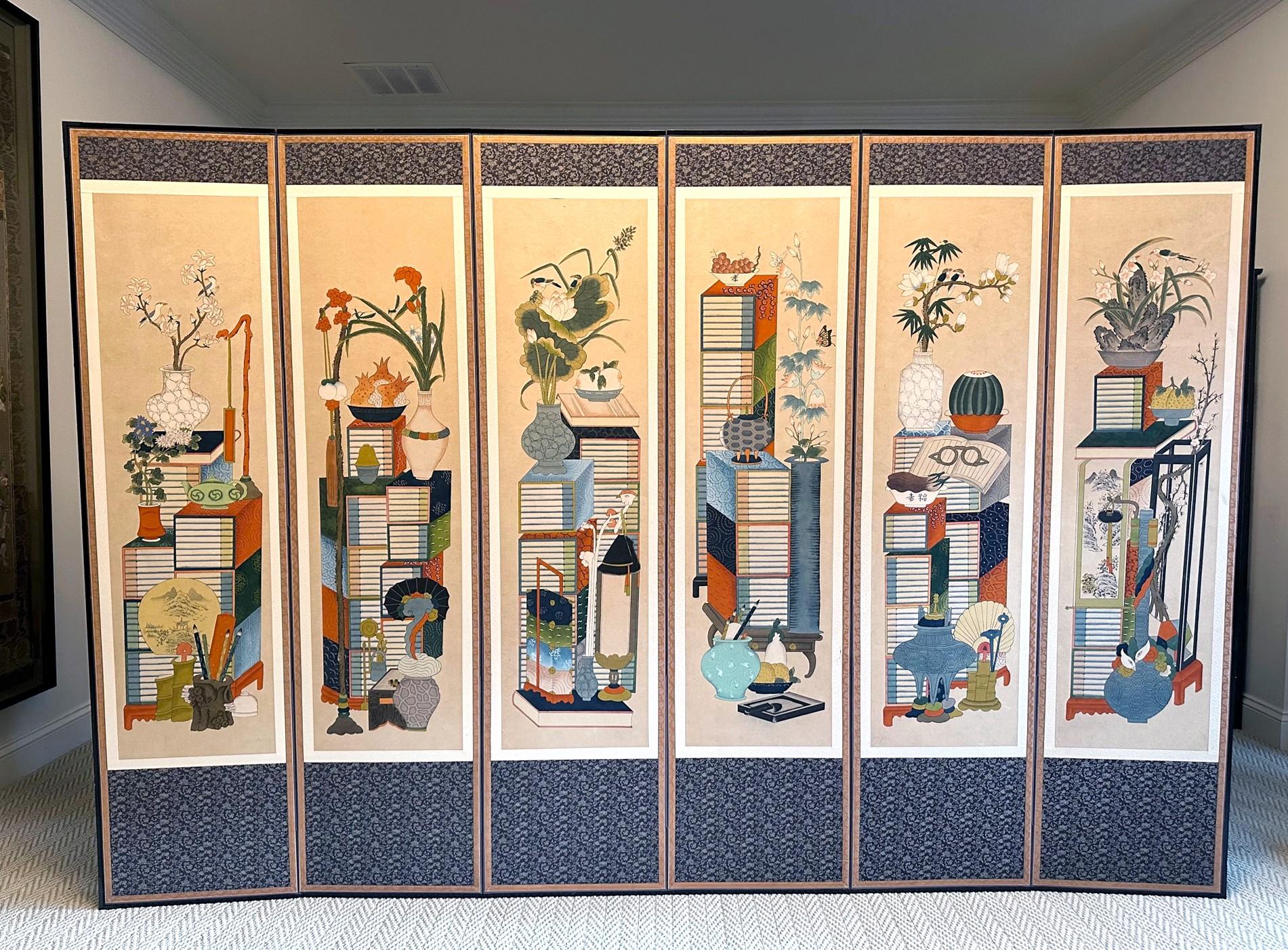 Folk Art Korean Folding Chaekgeori Painted Scholar Floor Screen For Sale
