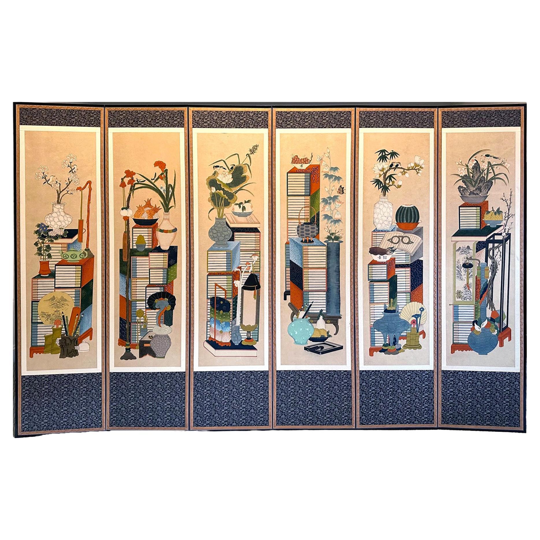 Korean Folding Chaekgeori Painted Scholar Floor Screen For Sale