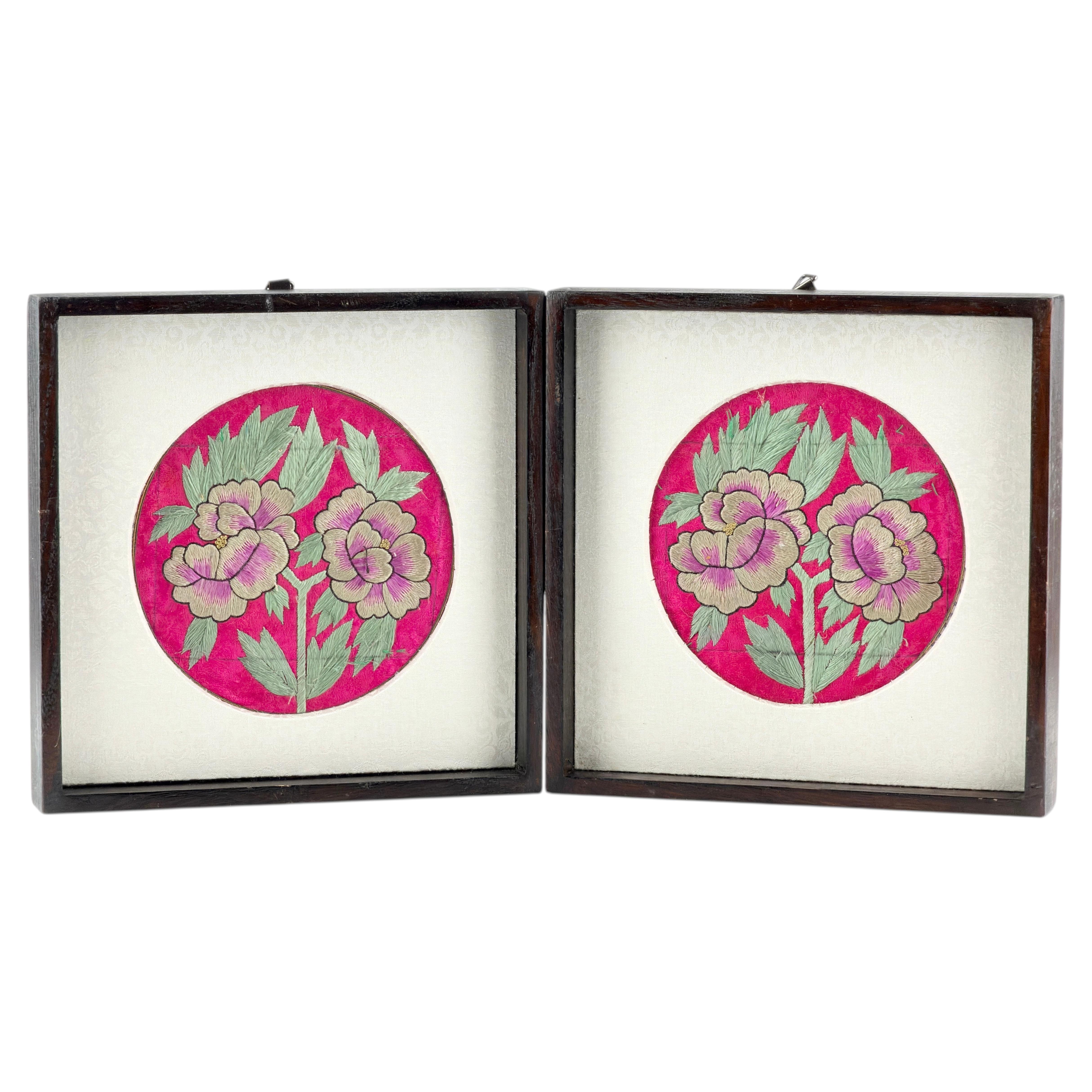 Korean Folk Embroidery (Jasu) Peony Roundels, Framed Pair For Sale