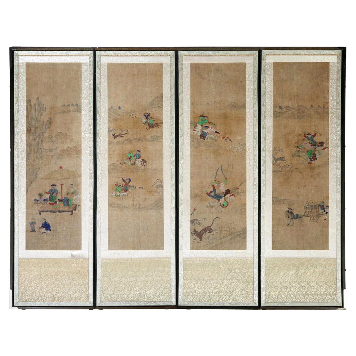 Korean Four Panel Screen of Hunting Scene Joseon Dynasty