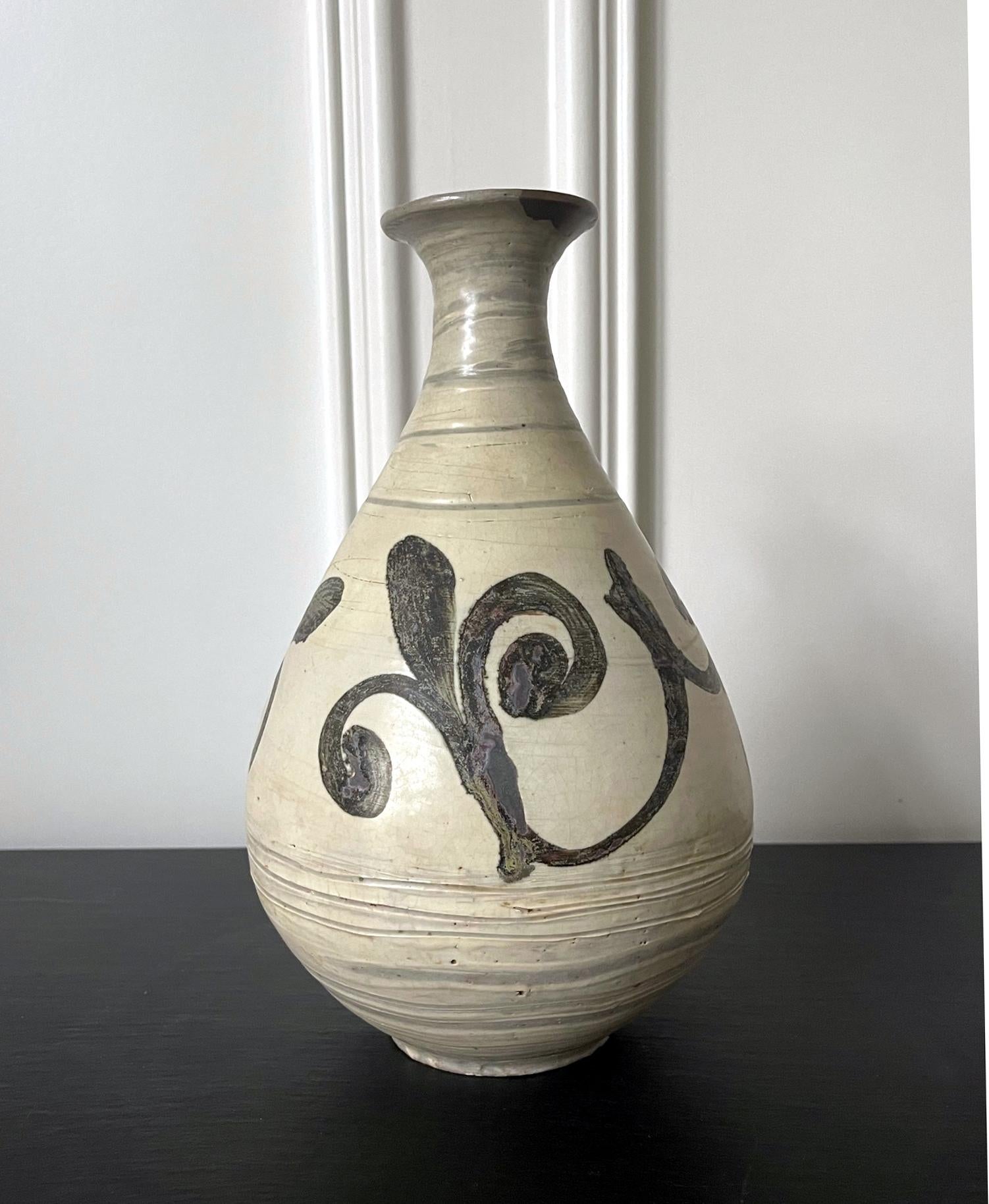 Archaistic Korean Glazed Ceramic Vase Buncheong Ware Early Joseon Dynasty For Sale