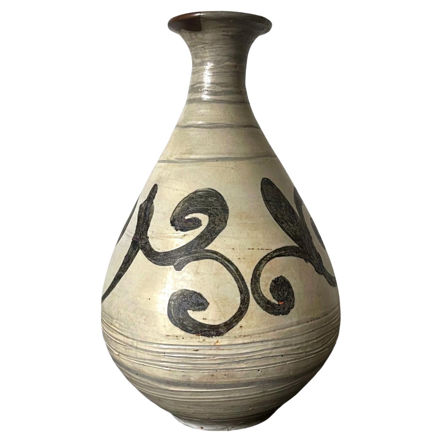 Korean Glazed Ceramic Vase Buncheong Ware Early Joseon Dynasty For Sale