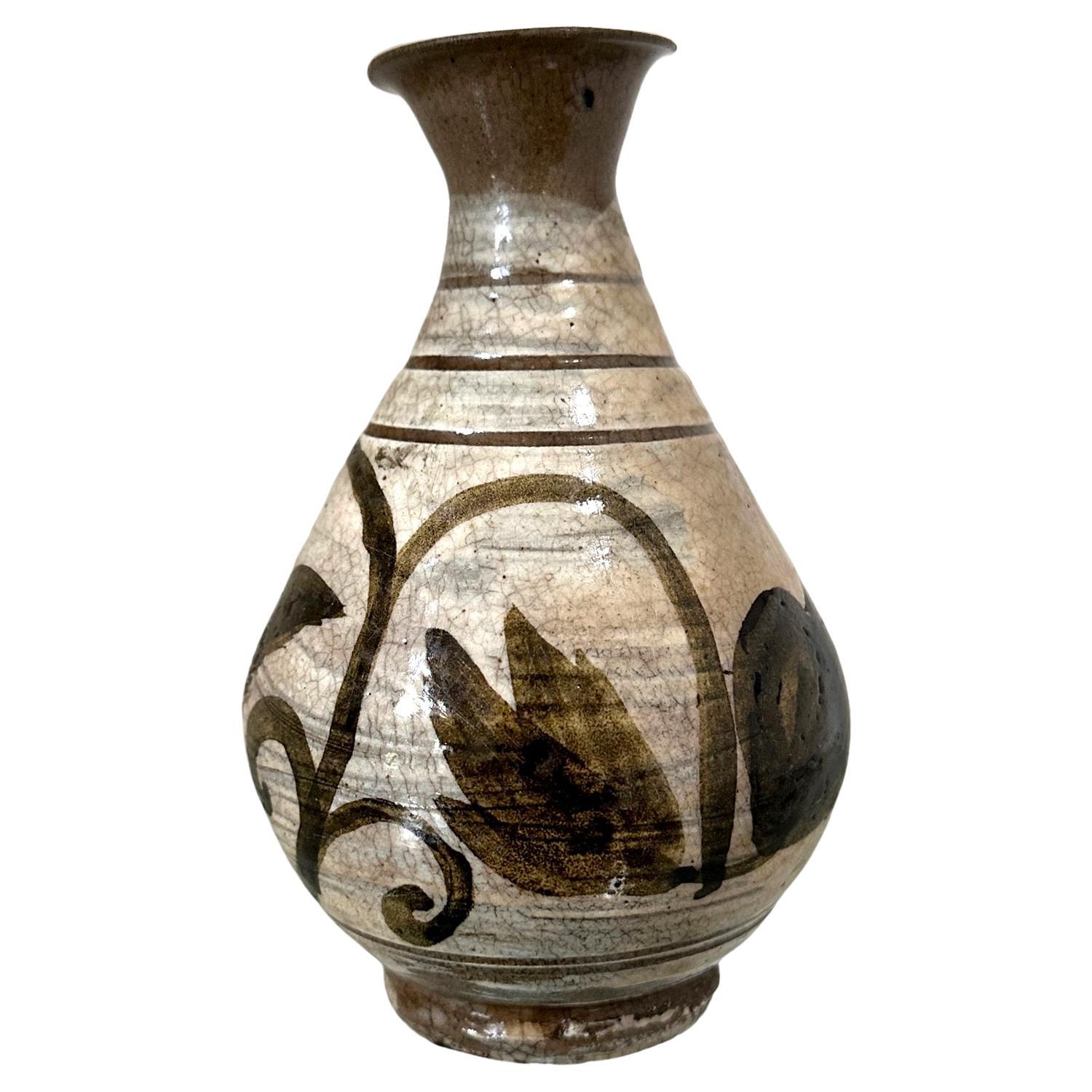Korean Glazed Ceramic Vase Buncheong Ware Joseon Dynasty For Sale