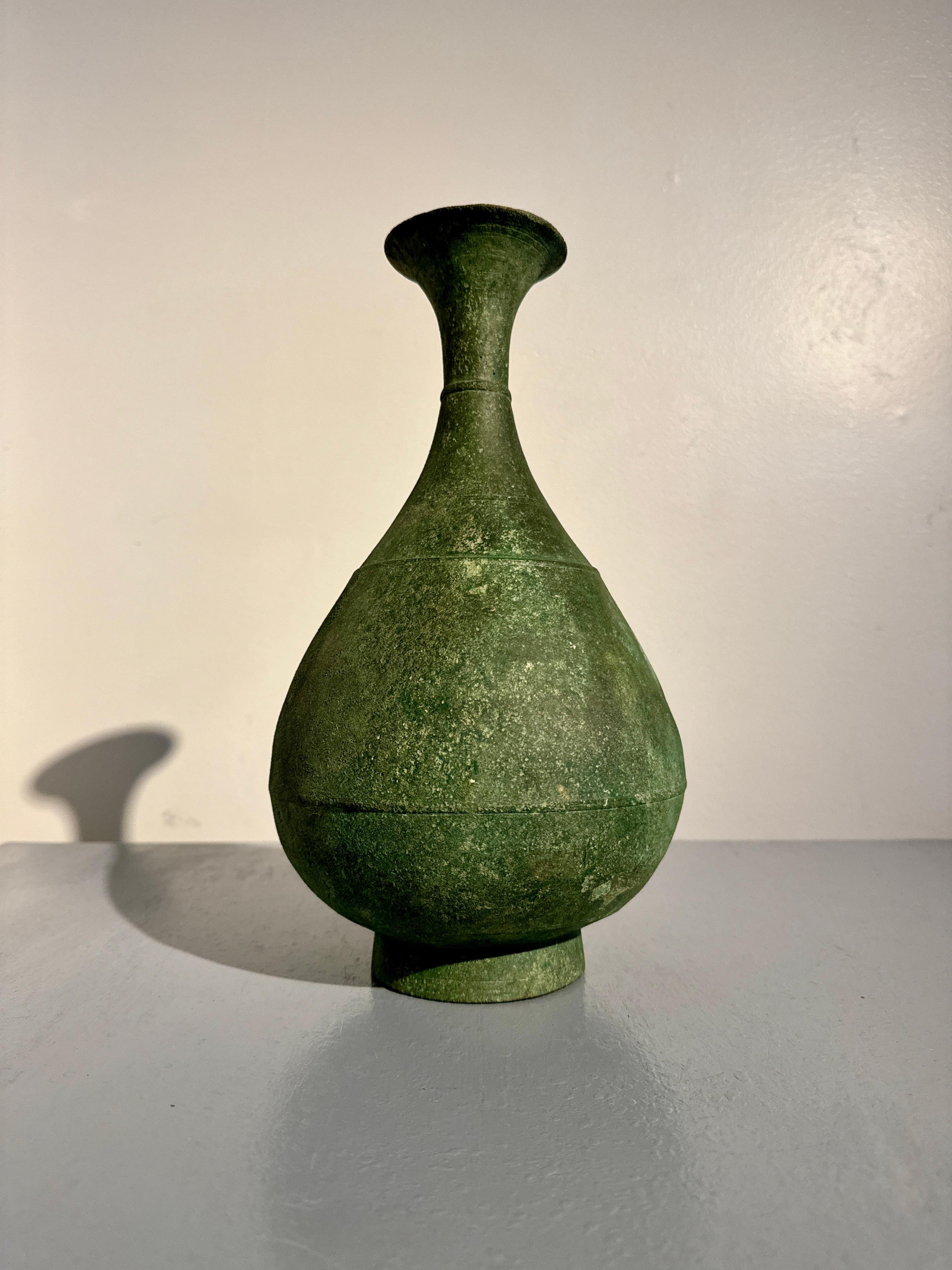Cast Korean Goryeo Bronze Bottle Vase with Green Patina, 12th/13th Century For Sale