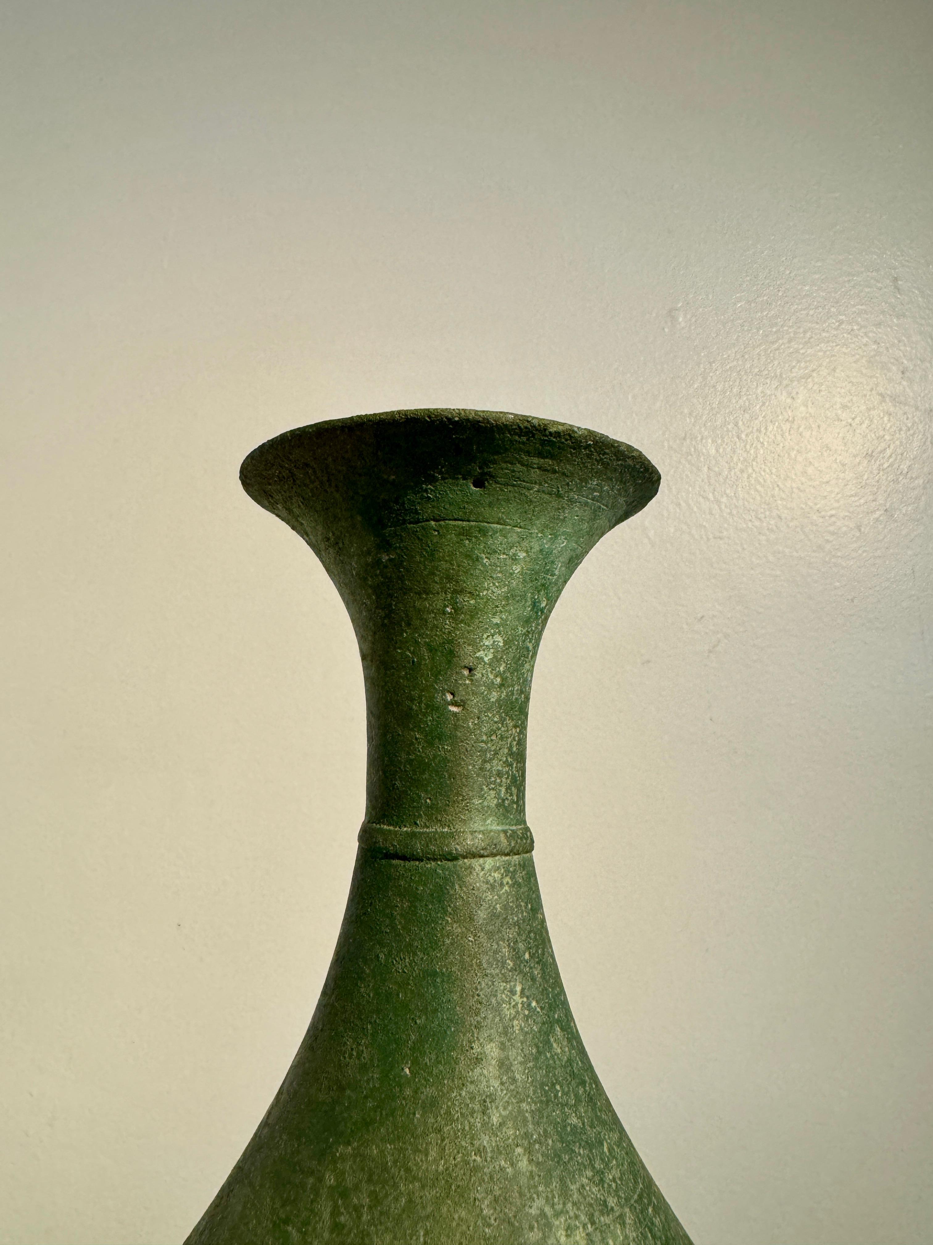 18th Century and Earlier Korean Goryeo Bronze Bottle Vase with Green Patina, 12th/13th Century For Sale