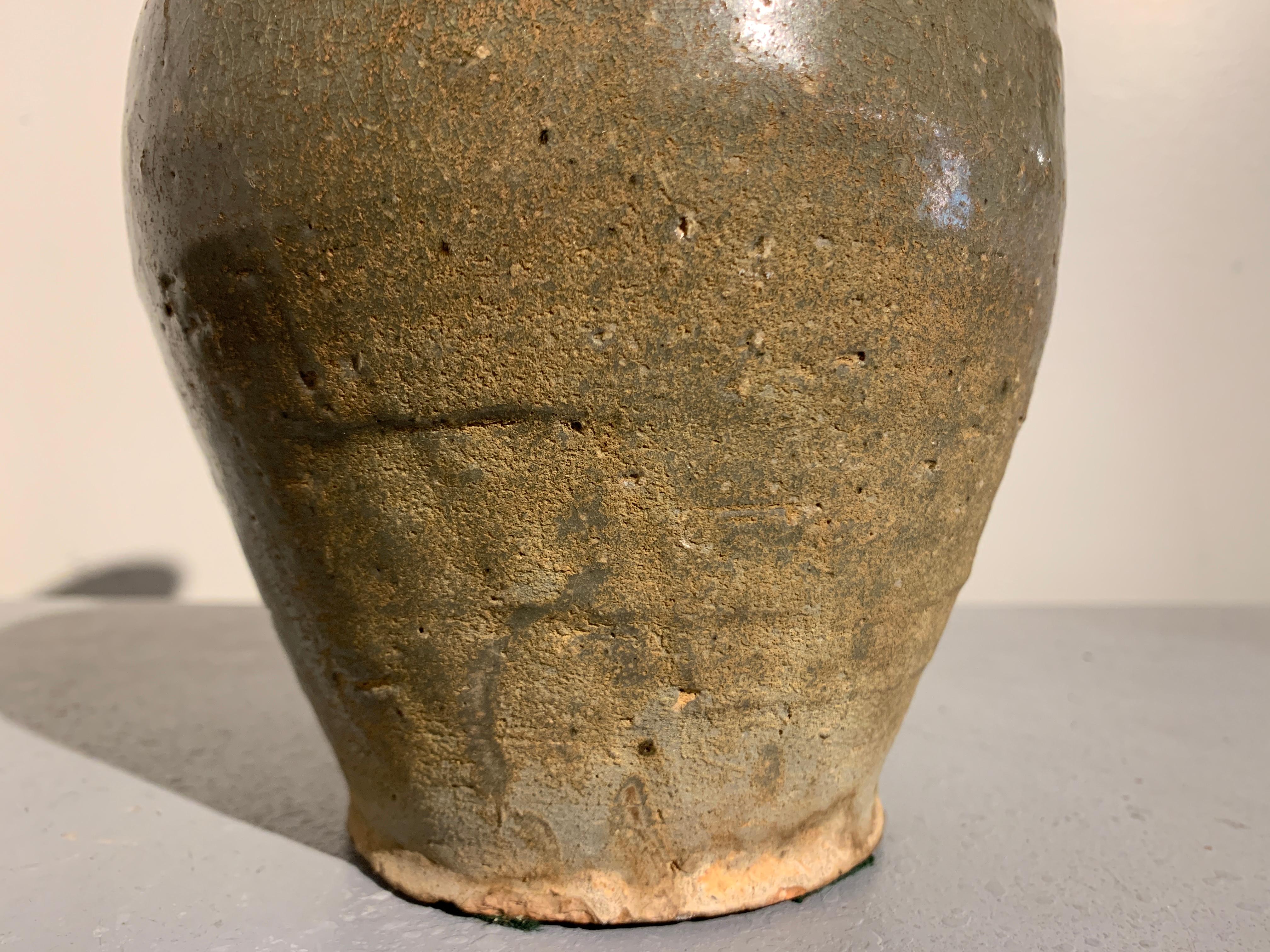Stoneware Korean Goryeo Celadon Glazed Bottle Vase with Kintsugi Repair, 12th Century For Sale