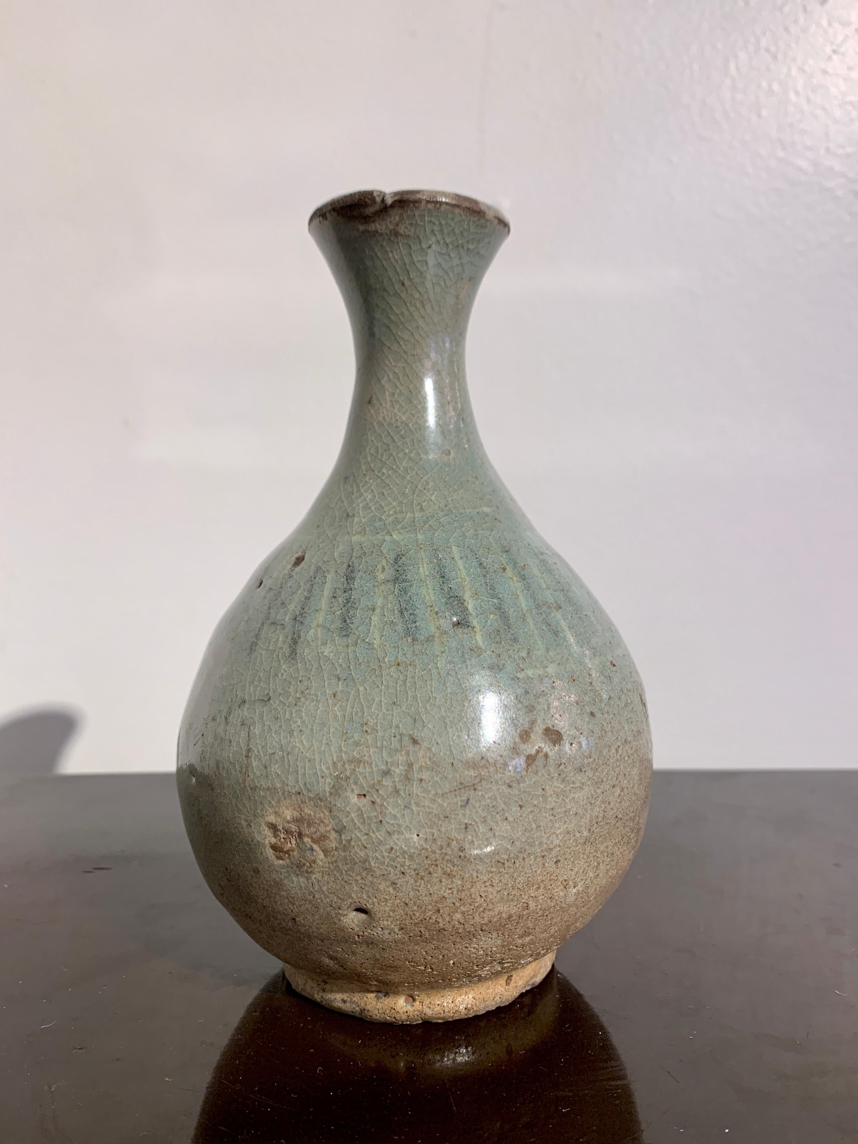 Fired Korean Goryeo Celadon Glazed Slip Inlaid Bottle Vase, 11th-13th Century, Korea
