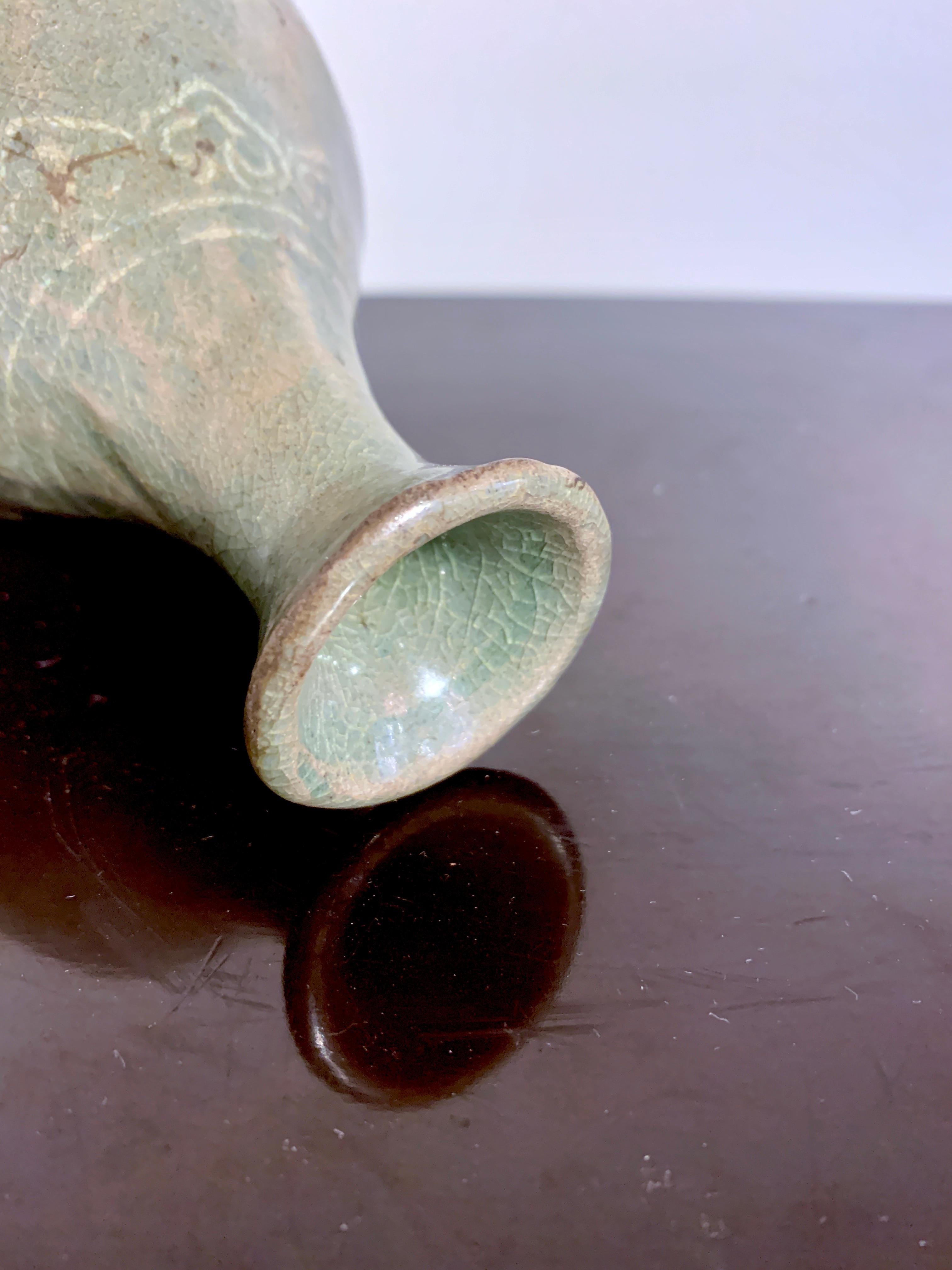 Fired Korean Goryeo Celadon Glazed Slip Inlaid Bottle Vase, 12th/13th Century, Korea For Sale
