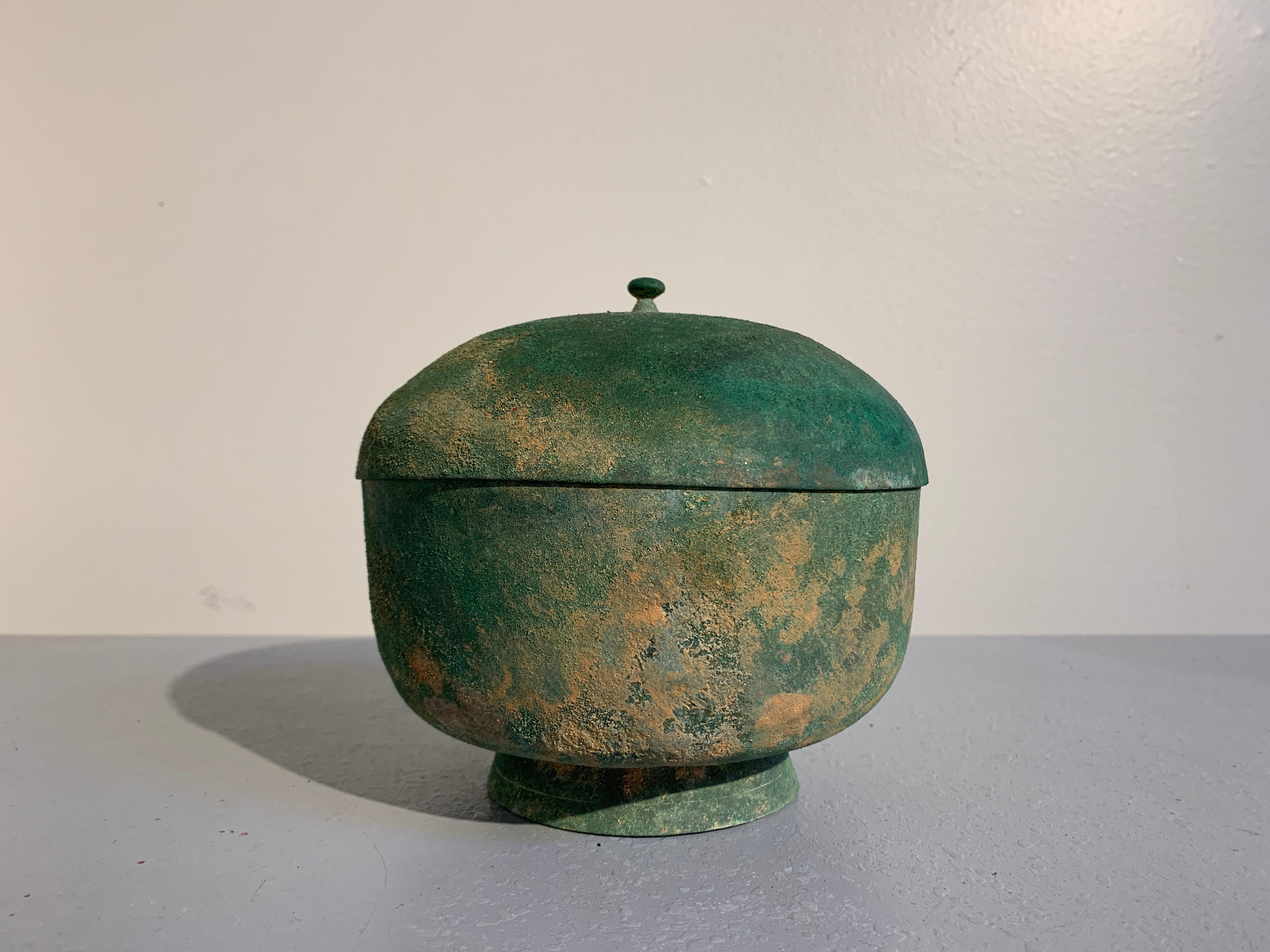 Spun Korean Goryeo Dynasty Bronze Bowl and Cover with Green Patina, 13th Century