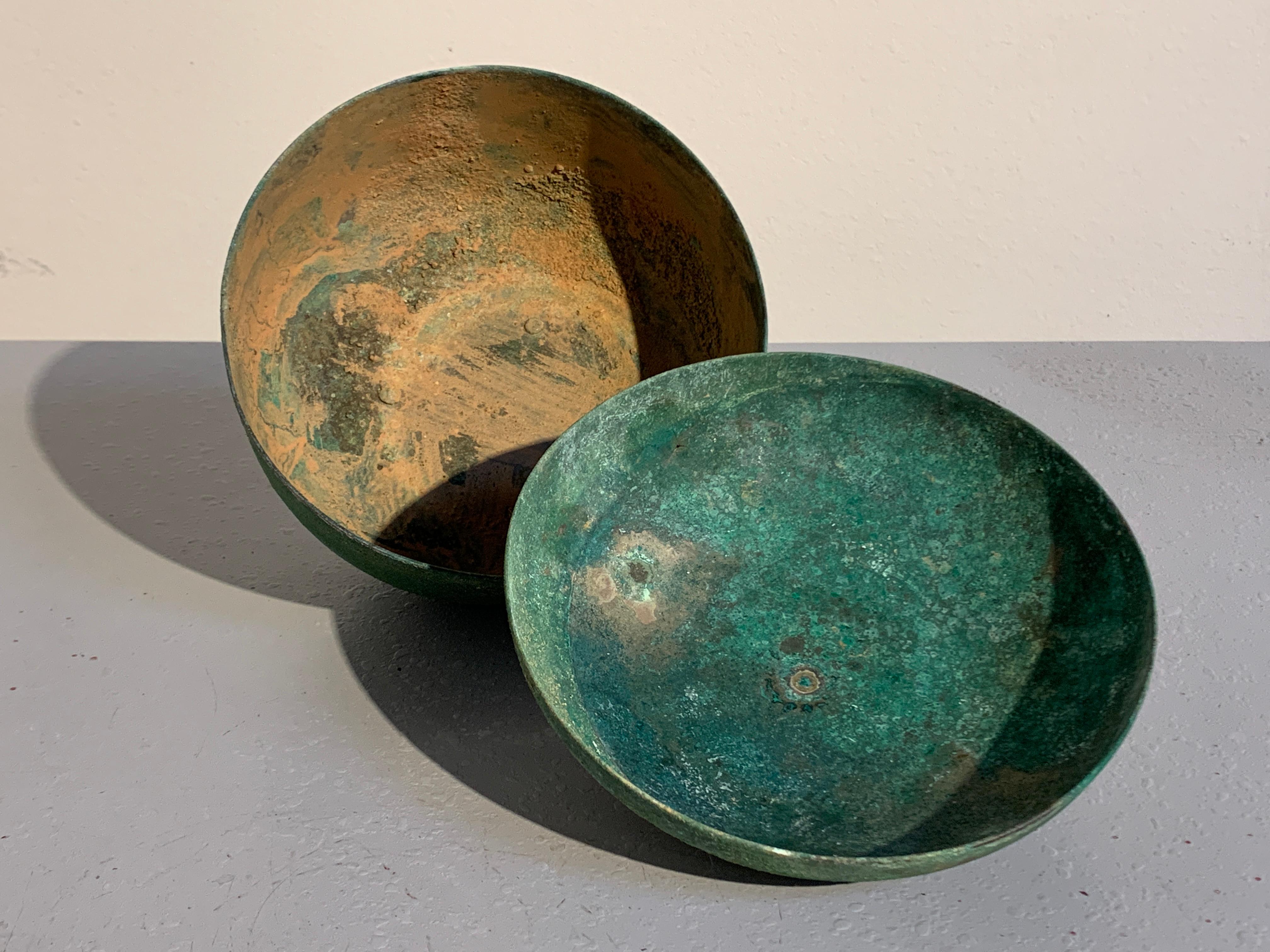 18th Century and Earlier Korean Goryeo Dynasty Bronze Bowl and Cover with Green Patina, 13th Century