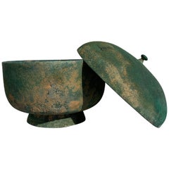 Korean Goryeo Dynasty Bronze Bowl and Cover with Green Patina, 13th Century