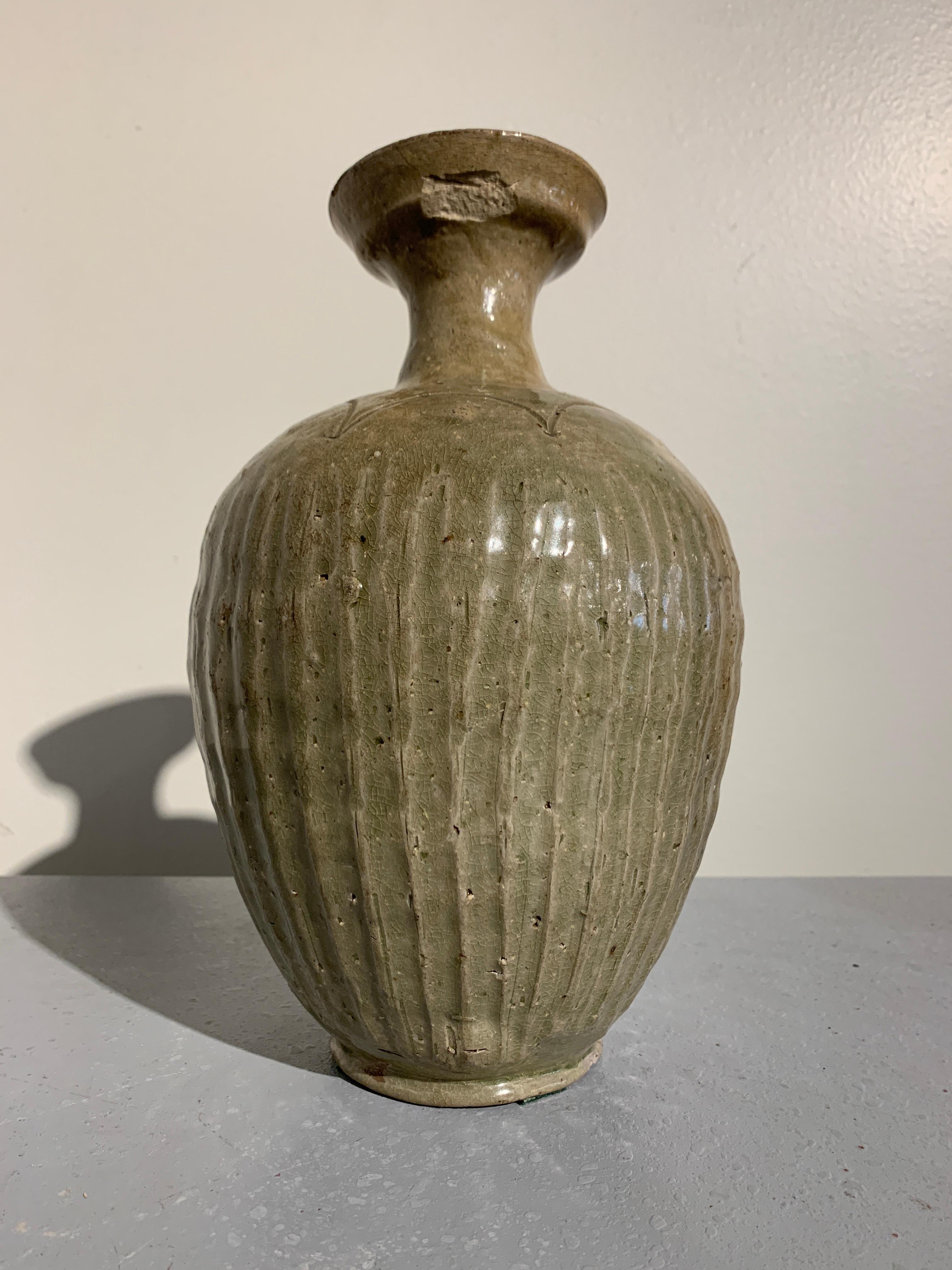 Glazed Korean Goryeo Dynasty Ribbed Celadon Bottle Vase, 11th-12th Century