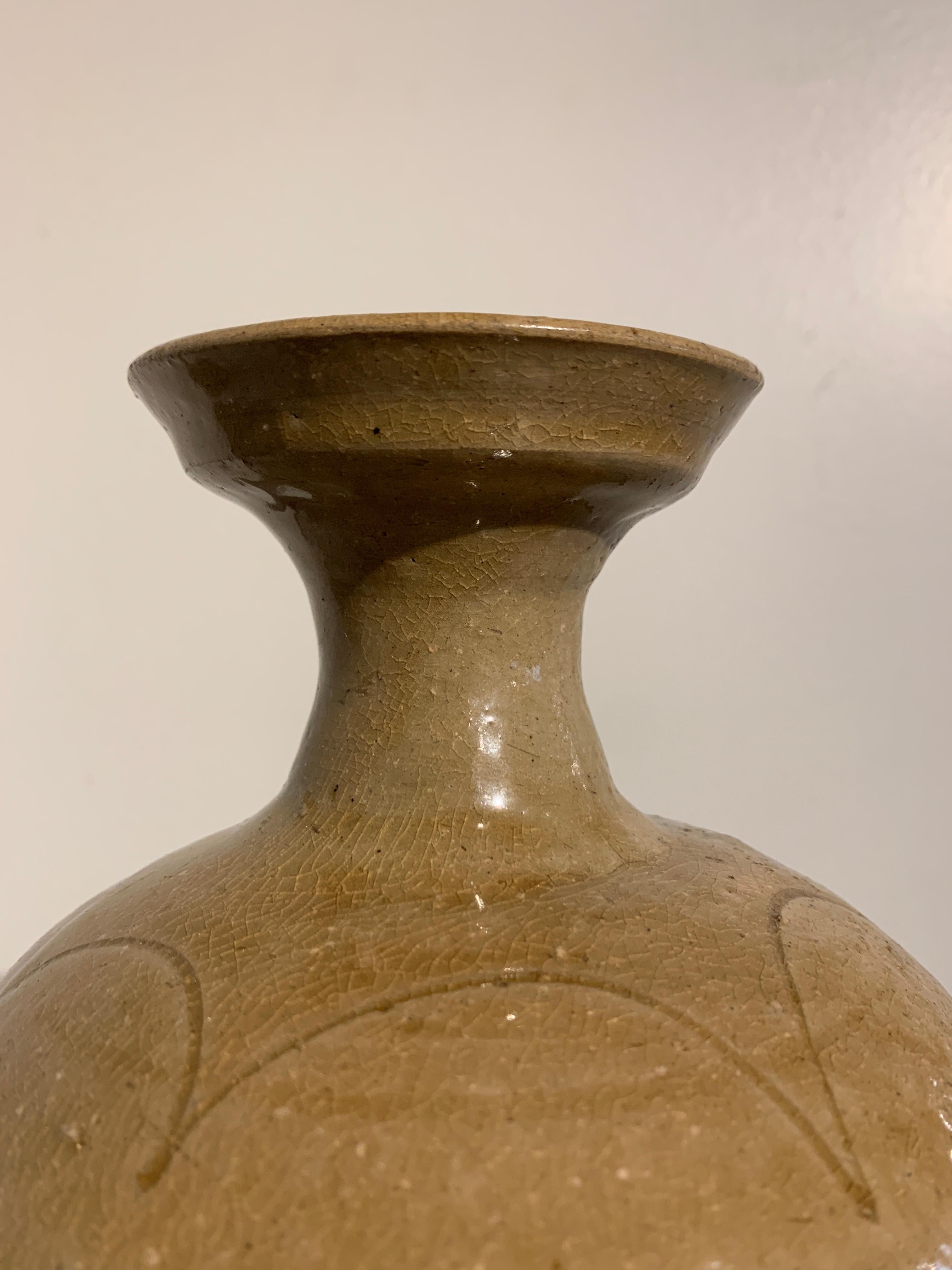 18th Century and Earlier Korean Goryeo Dynasty Ribbed Celadon Bottle Vase, 11th-12th Century