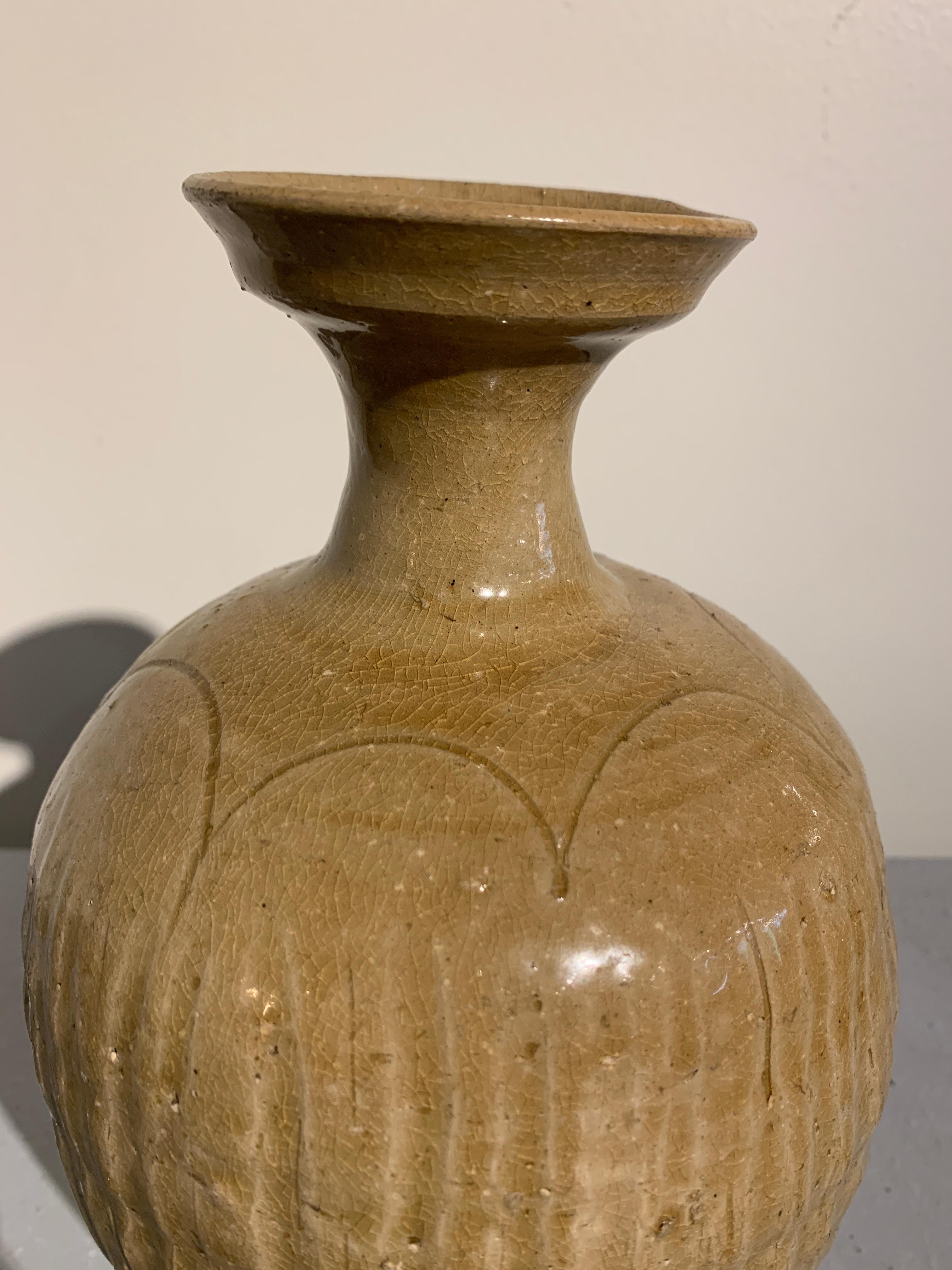 Stoneware Korean Goryeo Dynasty Ribbed Celadon Bottle Vase, 11th-12th Century