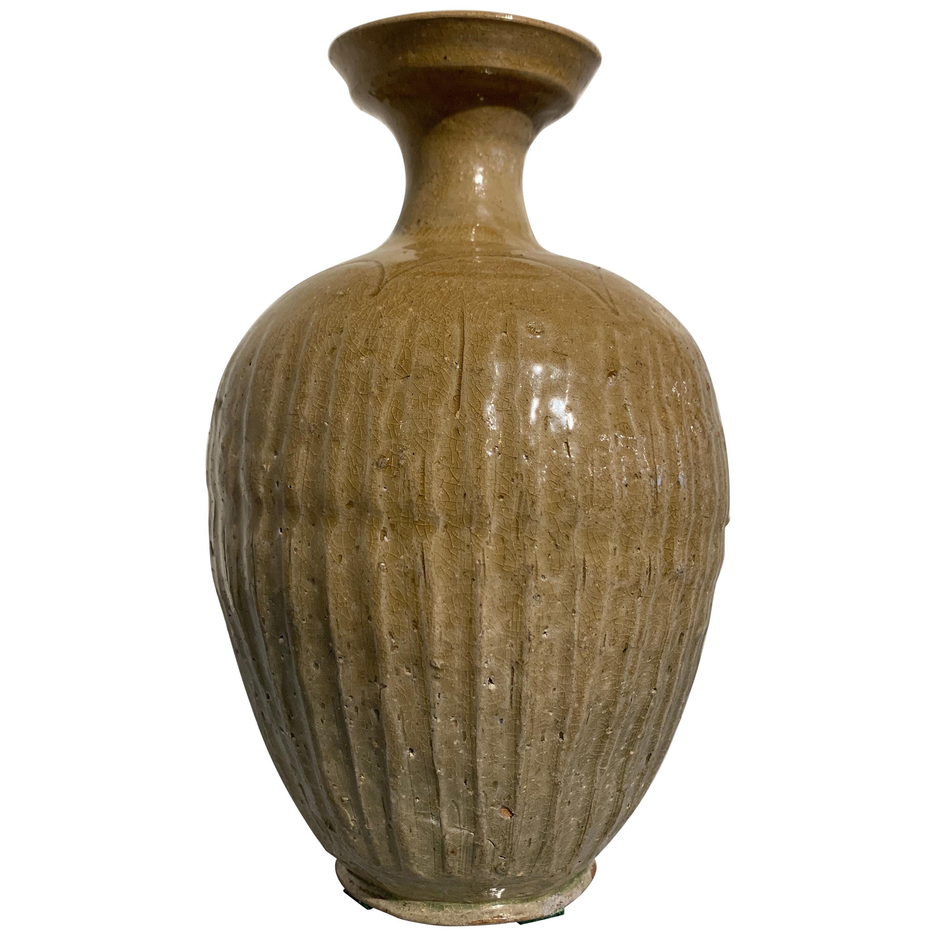 Korean Goryeo Dynasty Ribbed Celadon Bottle Vase, 11th-12th Century