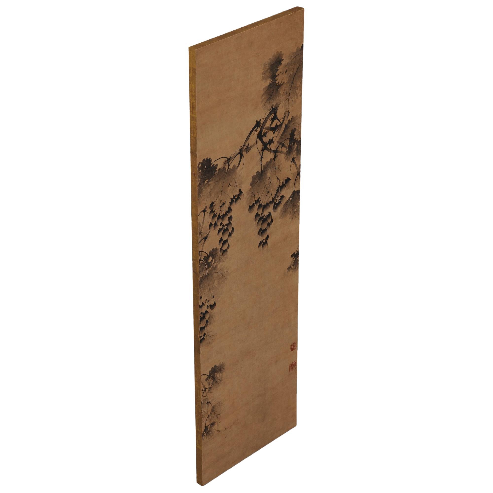 Grapevine

Anonymous. Korean, 17th century.

Wall panel, ink on paper.

Upper seal:

Kou Kinun in

Lower seal:

Kaigen

Dimensions:

Measures: 98.5 cm x 29.5 cm (39” x 11.5”).

The painting is mounted on a strong, lightweight