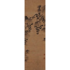 Antique Korean Painting, Wall Panel, 17th Century Ink Grapevine