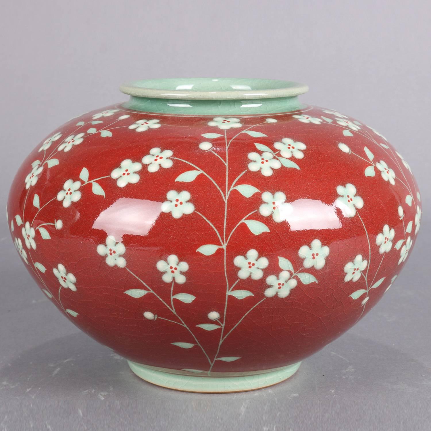 Korean Hand-Painted Celadon Cherry Blossom Art Pottery Vase Signed, 20th Century In Good Condition In Big Flats, NY
