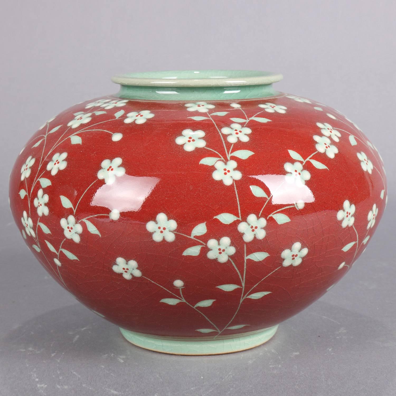 Korean Hand-Painted Celadon Cherry Blossom Art Pottery Vase Signed, 20th Century 1