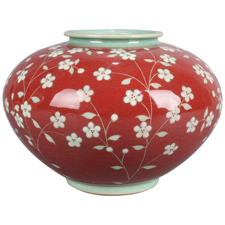 Korean HandPainted Celadon Cherry Blossom Art Pottery Vase Signed