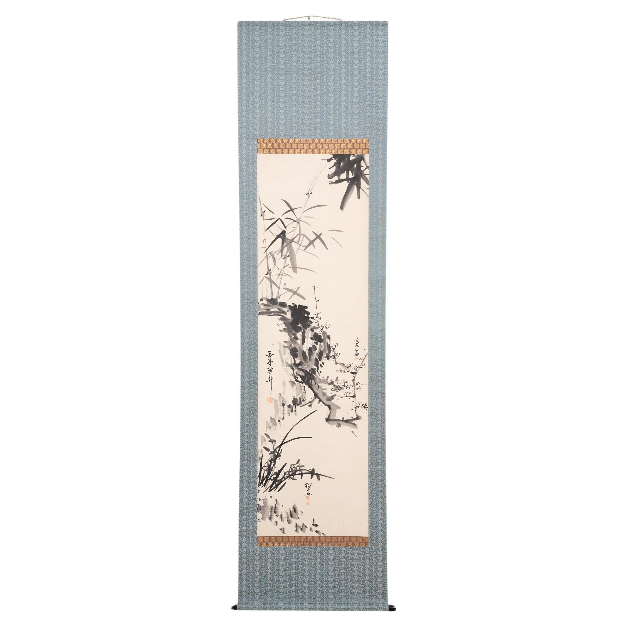 Scroll coréen de bambou, prunus et orchidées suspendues en vente