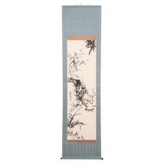 Scroll coréen de bambou, prunus et orchidées suspendues
