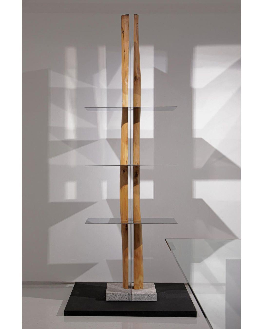 Korean Hanok split shelf by Shinkyu Shon
Dimensions: 40 x 75 x 230cm
Made with Korean old pine tree and polished stainless steel


Shon Shin-kyu graduated from Sangmyung University with a Bachelor's degree in Furniture design, and is pursuing a