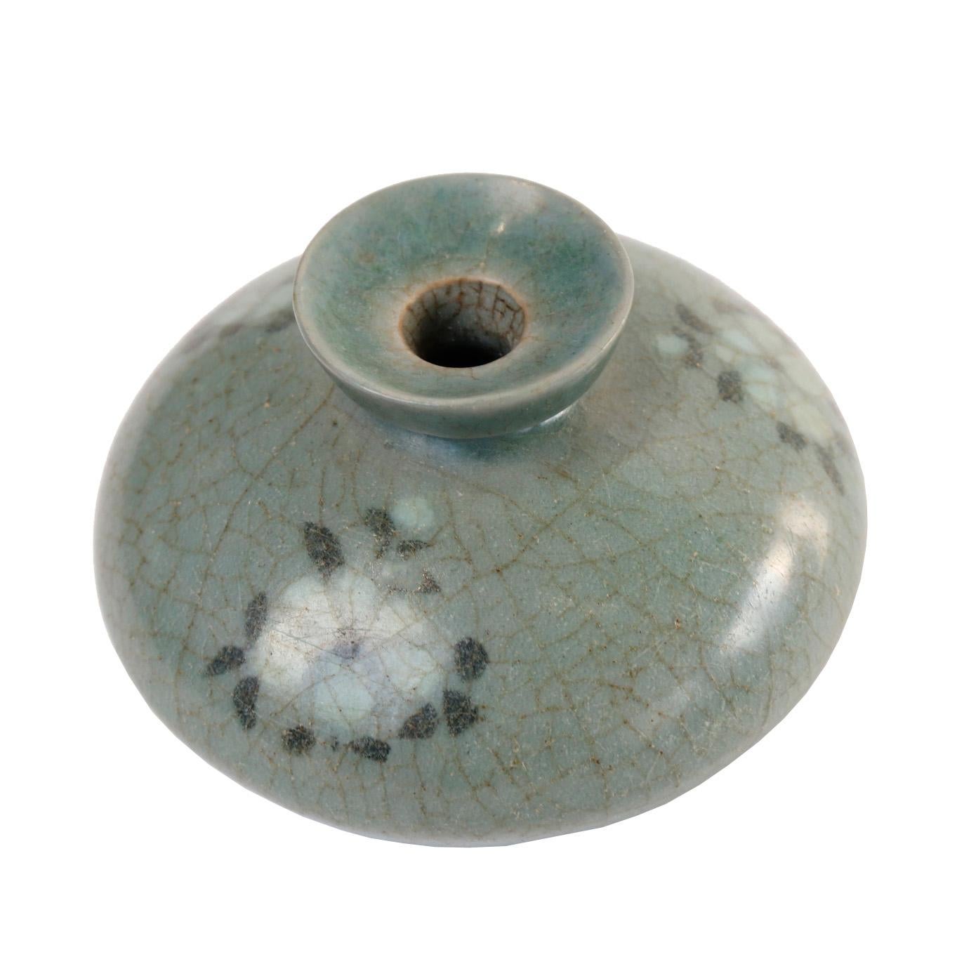 Glazed Korean Inlaid Ceramic Celadon Oil Bottle, Koryo Dynasty For Sale