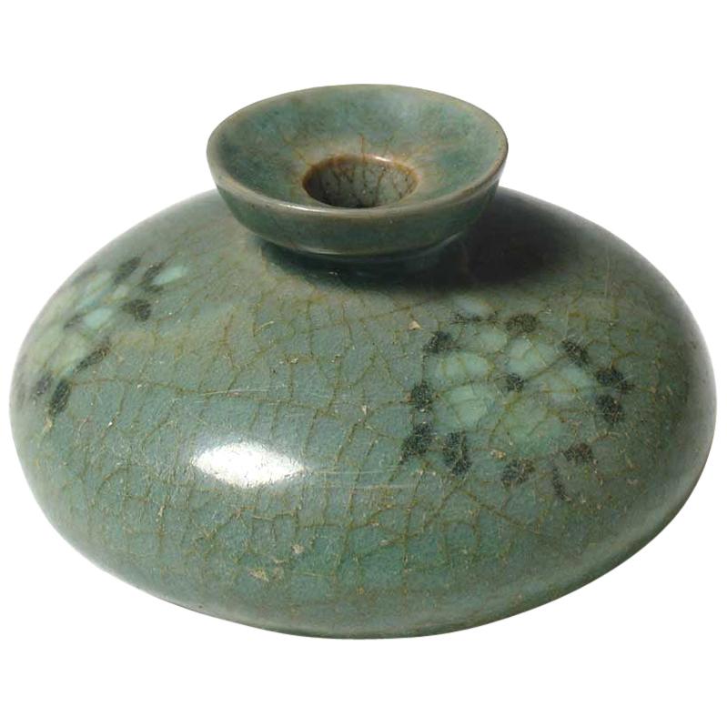 Korean Inlaid Ceramic Celadon Oil Bottle, Koryo Dynasty For Sale