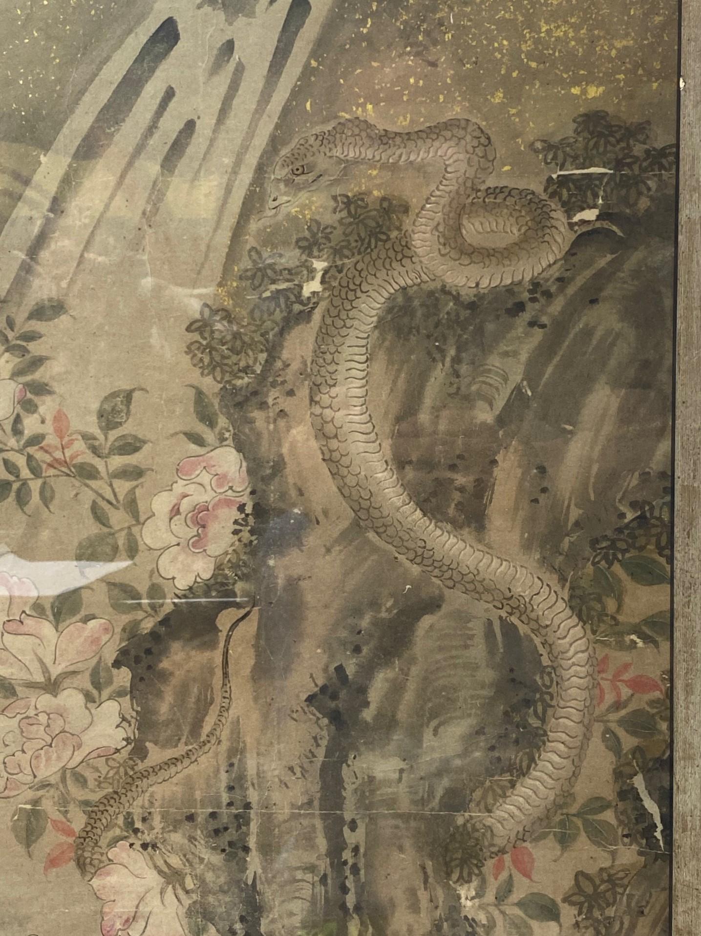 Hand-Painted Japanese Asian Edo Period Signed Framed Hand Painted Serpent Scroll Painting For Sale