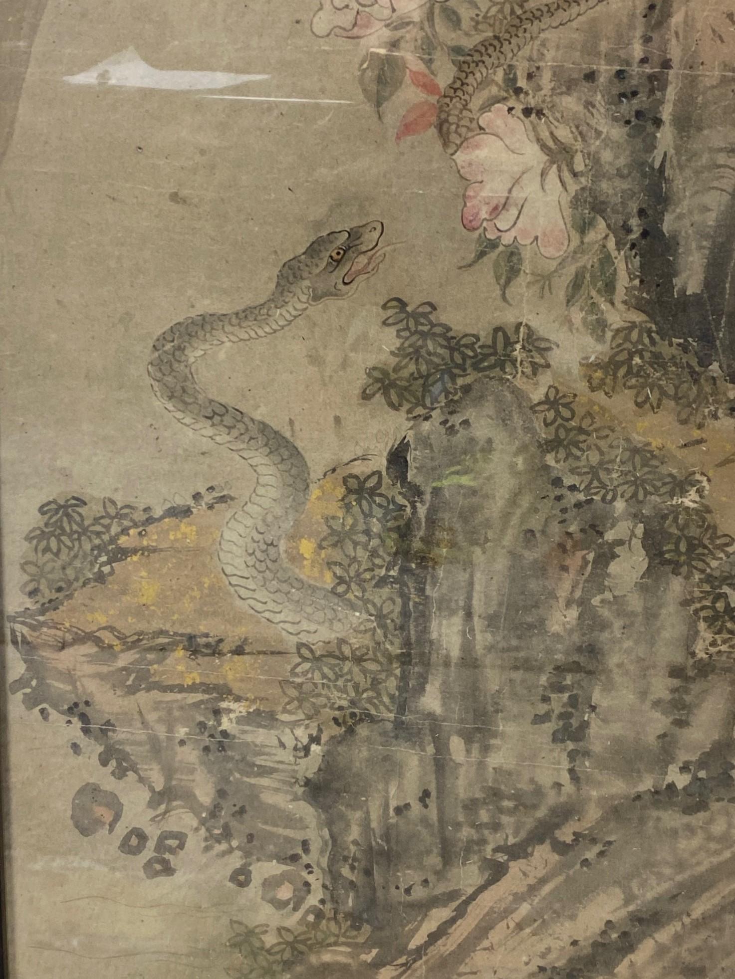 Japanese Asian Edo Period Signed Framed Hand Painted Serpent Scroll Painting In Good Condition For Sale In Studio City, CA