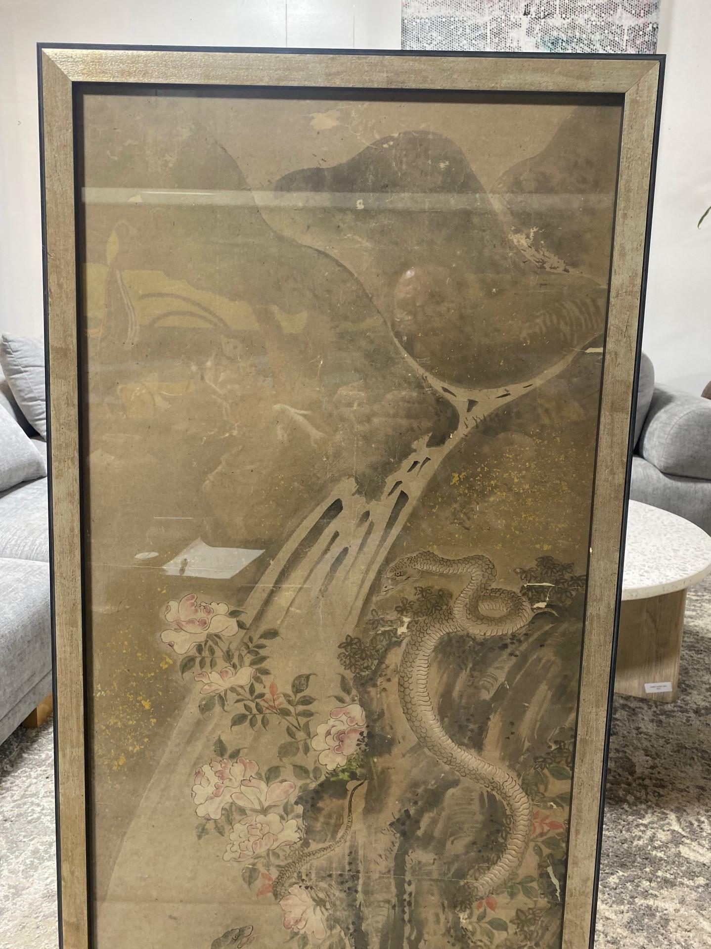 18th Century and Earlier Japanese Asian Edo Period Signed Framed Hand Painted Serpent Scroll Painting For Sale