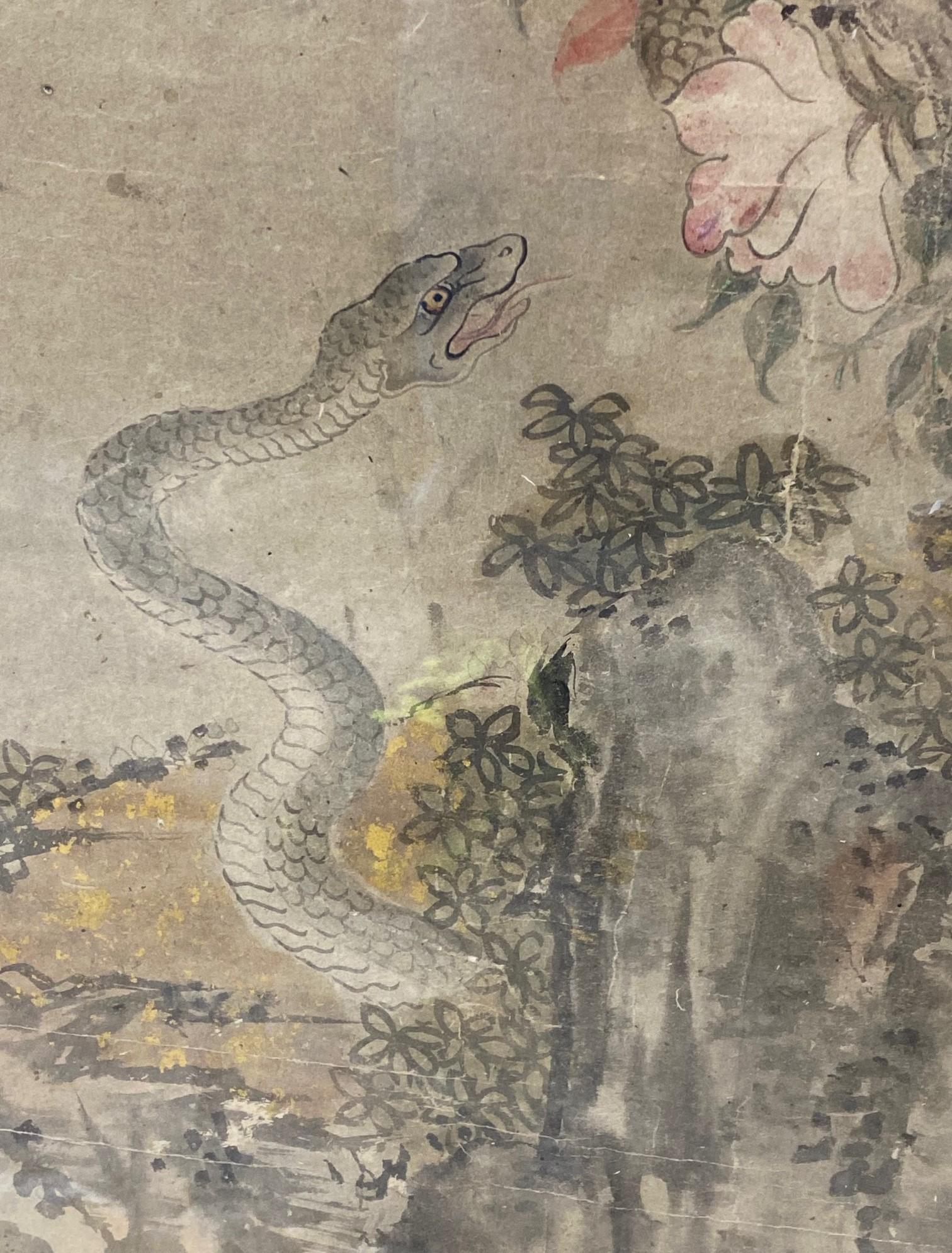 Japanese Asian Edo Period Signed Framed Hand Painted Serpent Scroll Painting For Sale 1