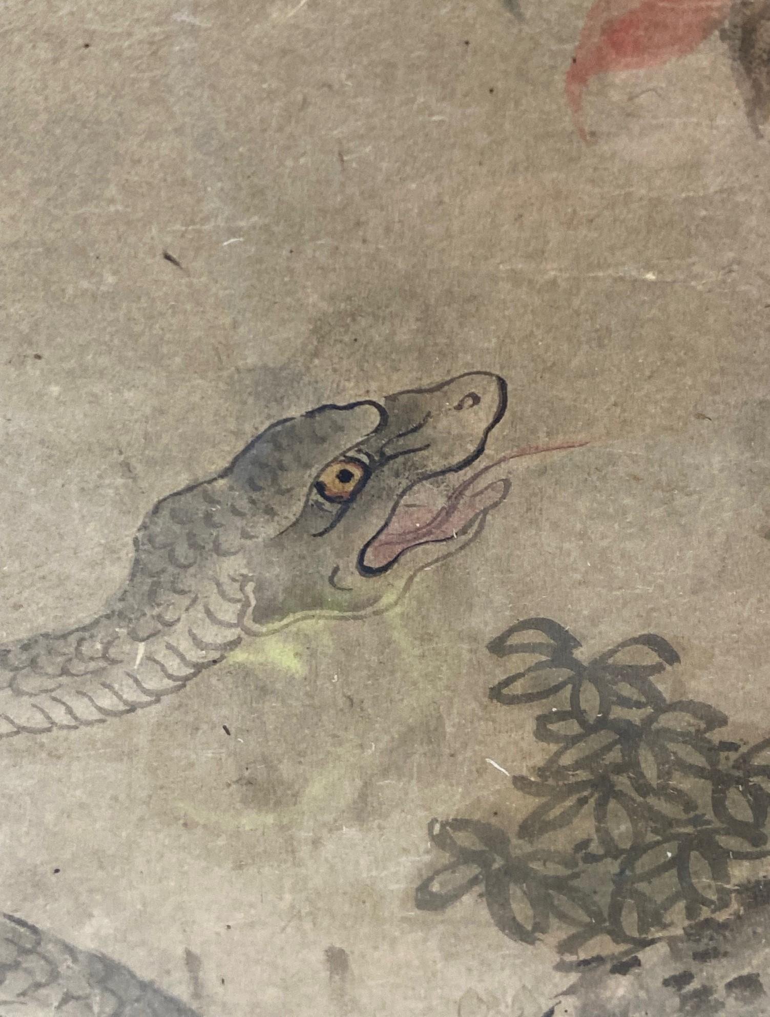 Japanese Asian Edo Period Signed Framed Hand Painted Serpent Scroll Painting For Sale 2