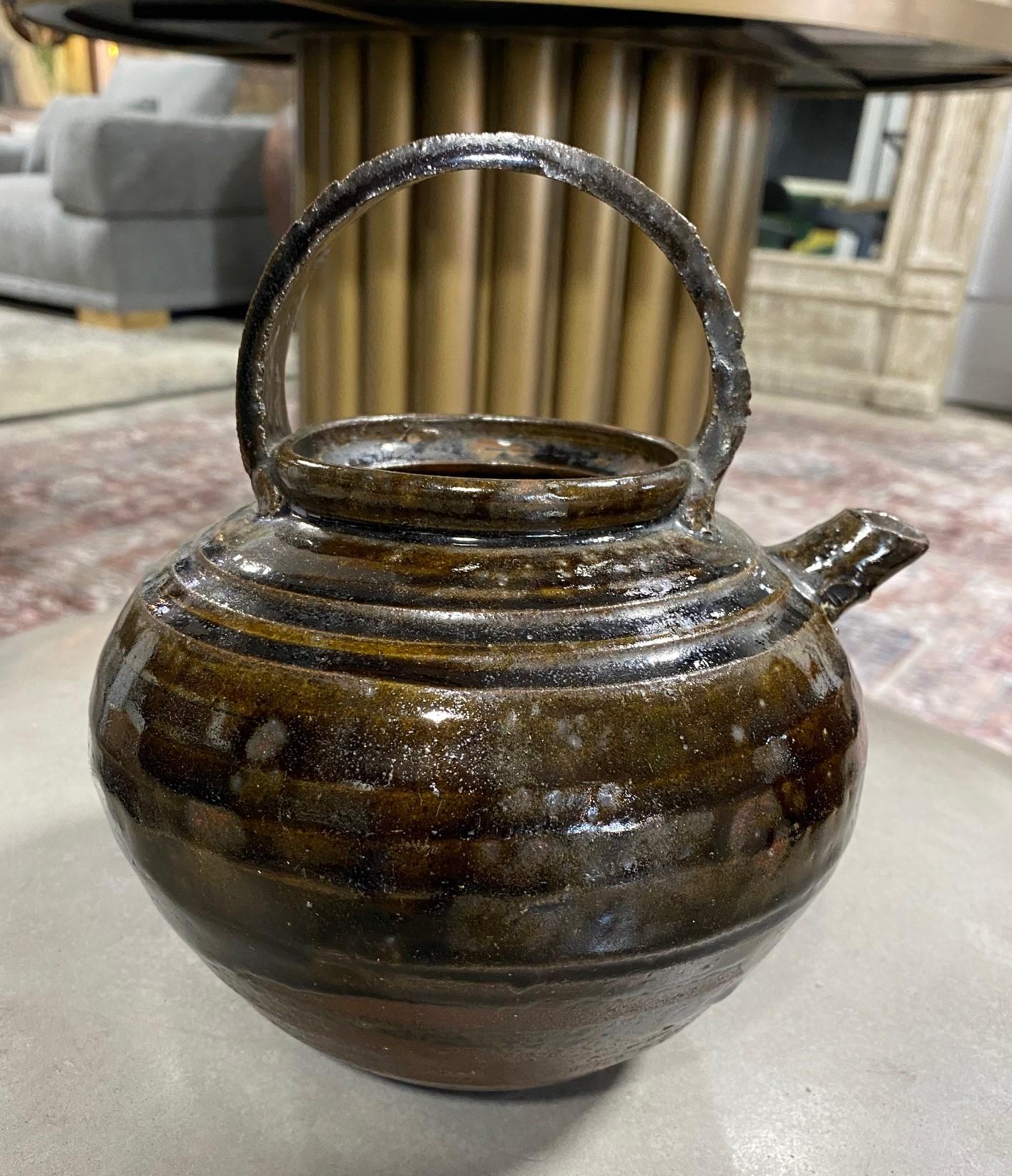 Korean, Joseon Dynasty Brown Green Glazed Stoneware Pottery Ceramic Teapot For Sale 2