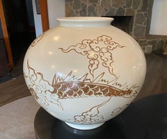 Korean Joseon Dynasty Rare Large Ceramic Pottery Moon Jar Iron Dragon Design