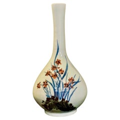 Korean Joseon White Porcelain Bottle Vase with Orchids, circa 1850